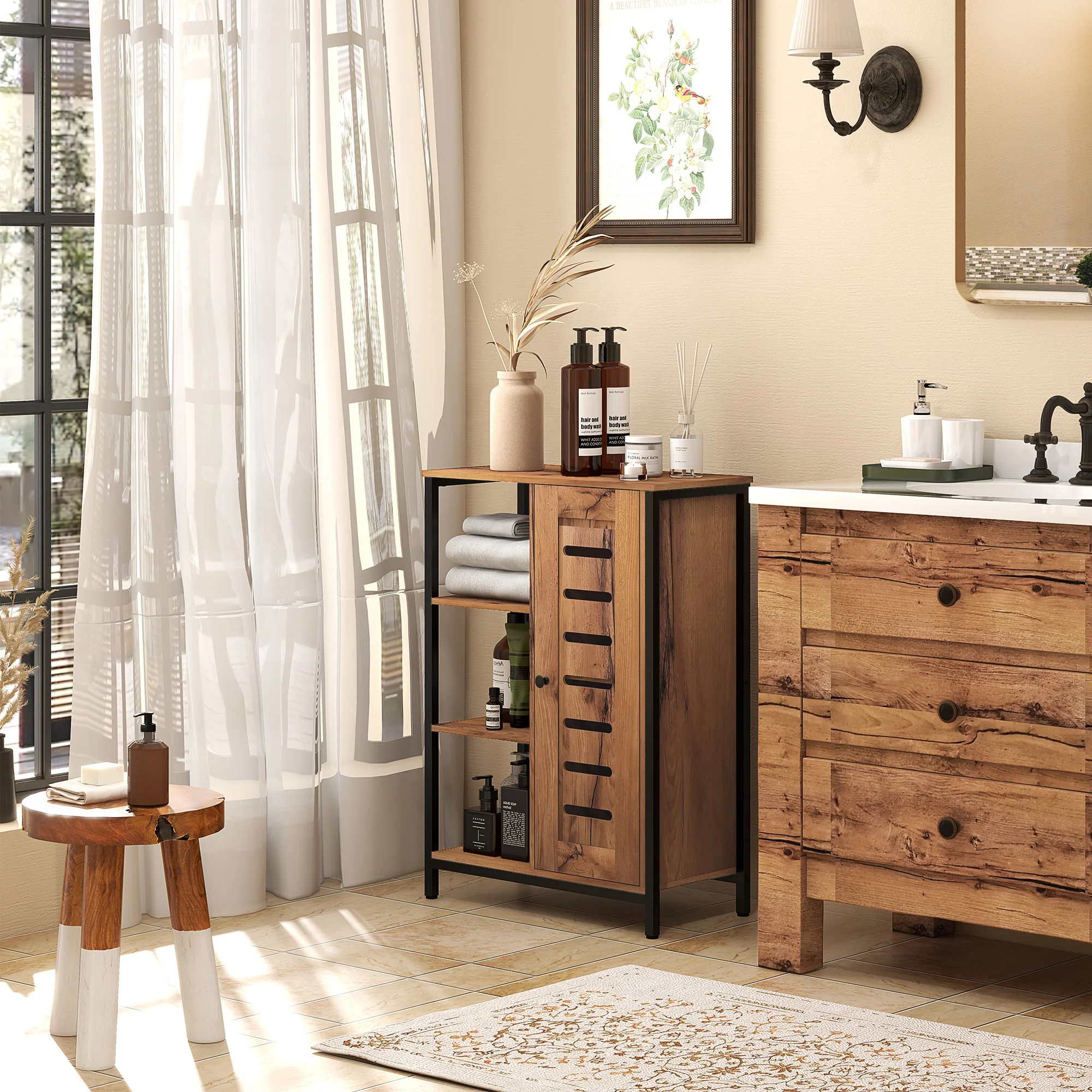 Meuble de salle de bain sur pied, meuble de rangement, design industriel, structure en acier, 3 étagères ouvertes, placard à 2 niveaux, porte à lamelles, 60 x 30 x 85 cm, marron rustique - Image 3