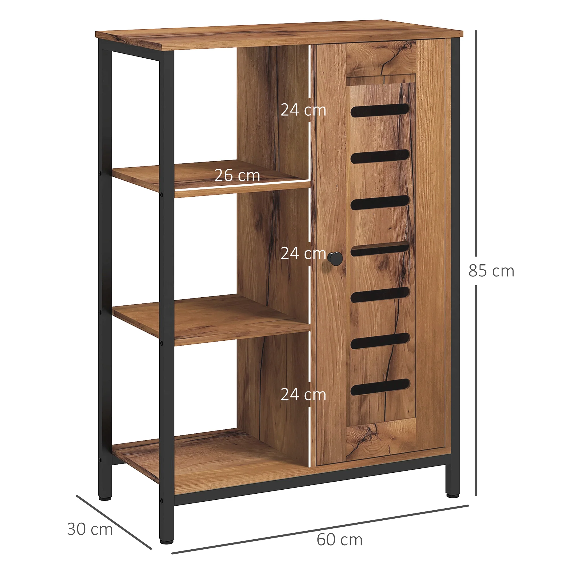 Meuble de salle de bain sur pied, meuble de rangement, design industriel, structure en acier, 3 étagères ouvertes, placard à 2 niveaux, porte à lamelles, 60 x 30 x 85 cm, marron rustique - Image 4