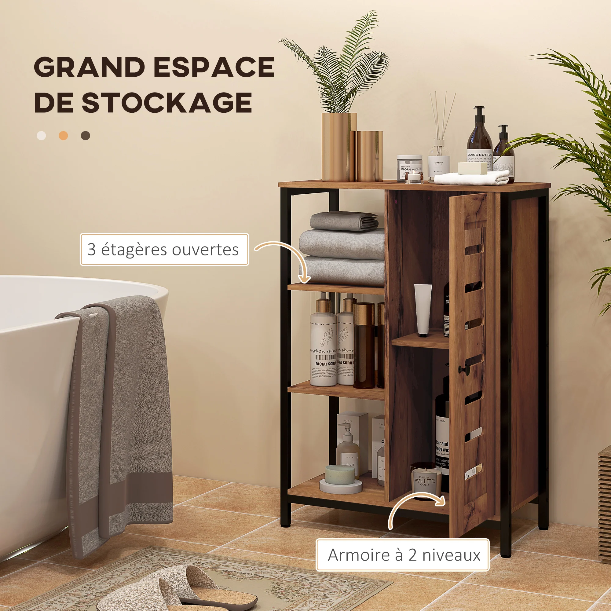 Meuble de salle de bain sur pied, meuble de rangement, design industriel, structure en acier, 3 étagères ouvertes, placard à 2 niveaux, porte à lamelles, 60 x 30 x 85 cm, marron rustique - Image 5
