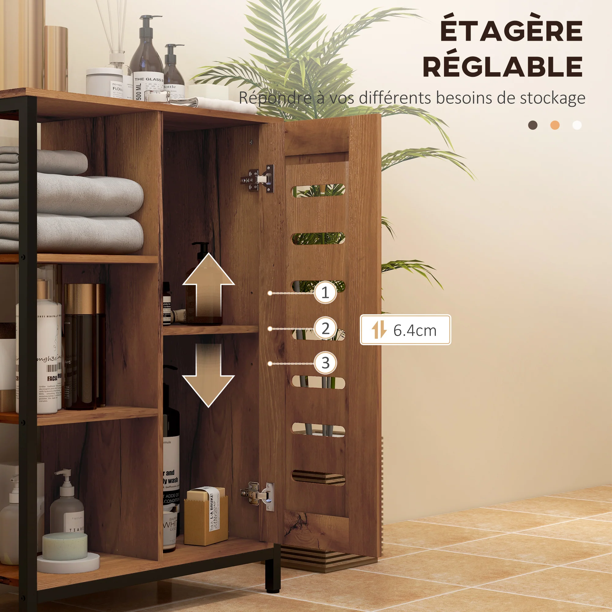 Meuble de salle de bain sur pied, meuble de rangement, design industriel, structure en acier, 3 étagères ouvertes, placard à 2 niveaux, porte à lamelles, 60 x 30 x 85 cm, marron rustique - Image 6