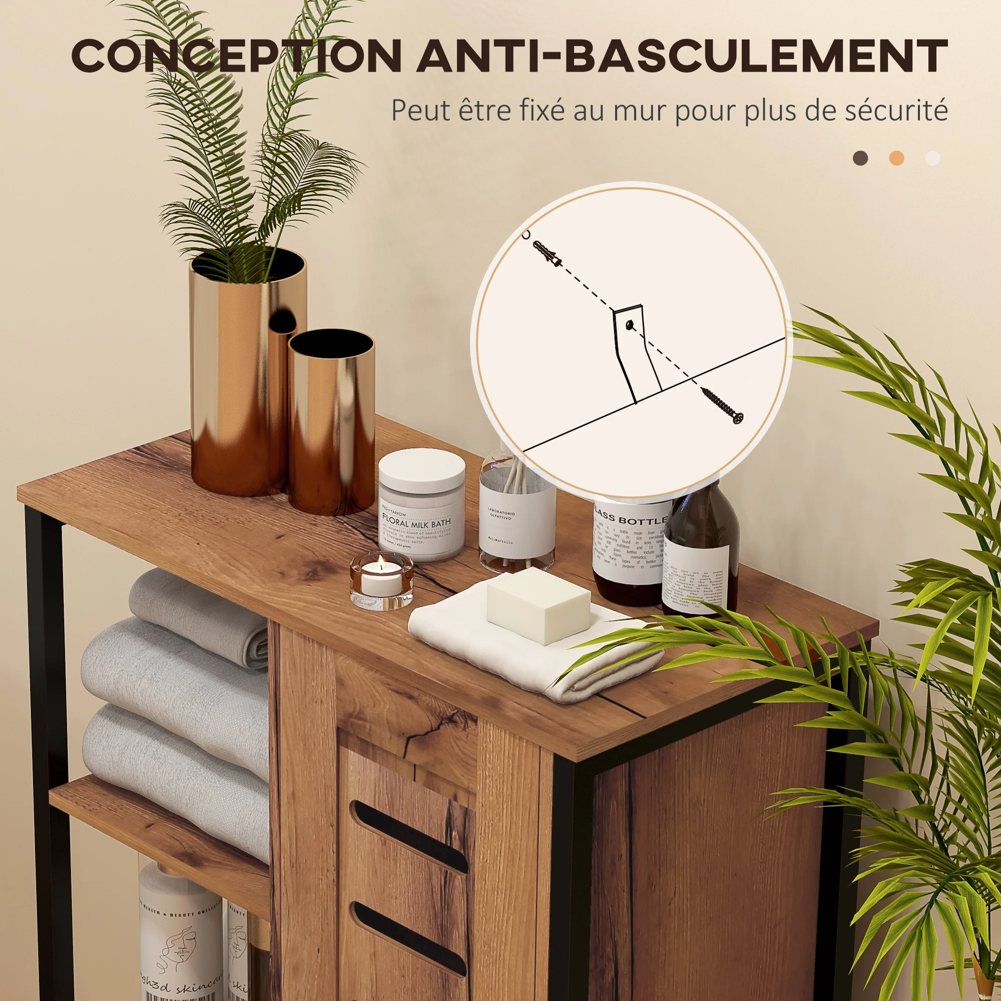 Meuble de salle de bain sur pied, meuble de rangement, design industriel, structure en acier, 3 étagères ouvertes, placard à 2 niveaux, porte à lamelles, 60 x 30 x 85 cm, marron rustique - Image 7