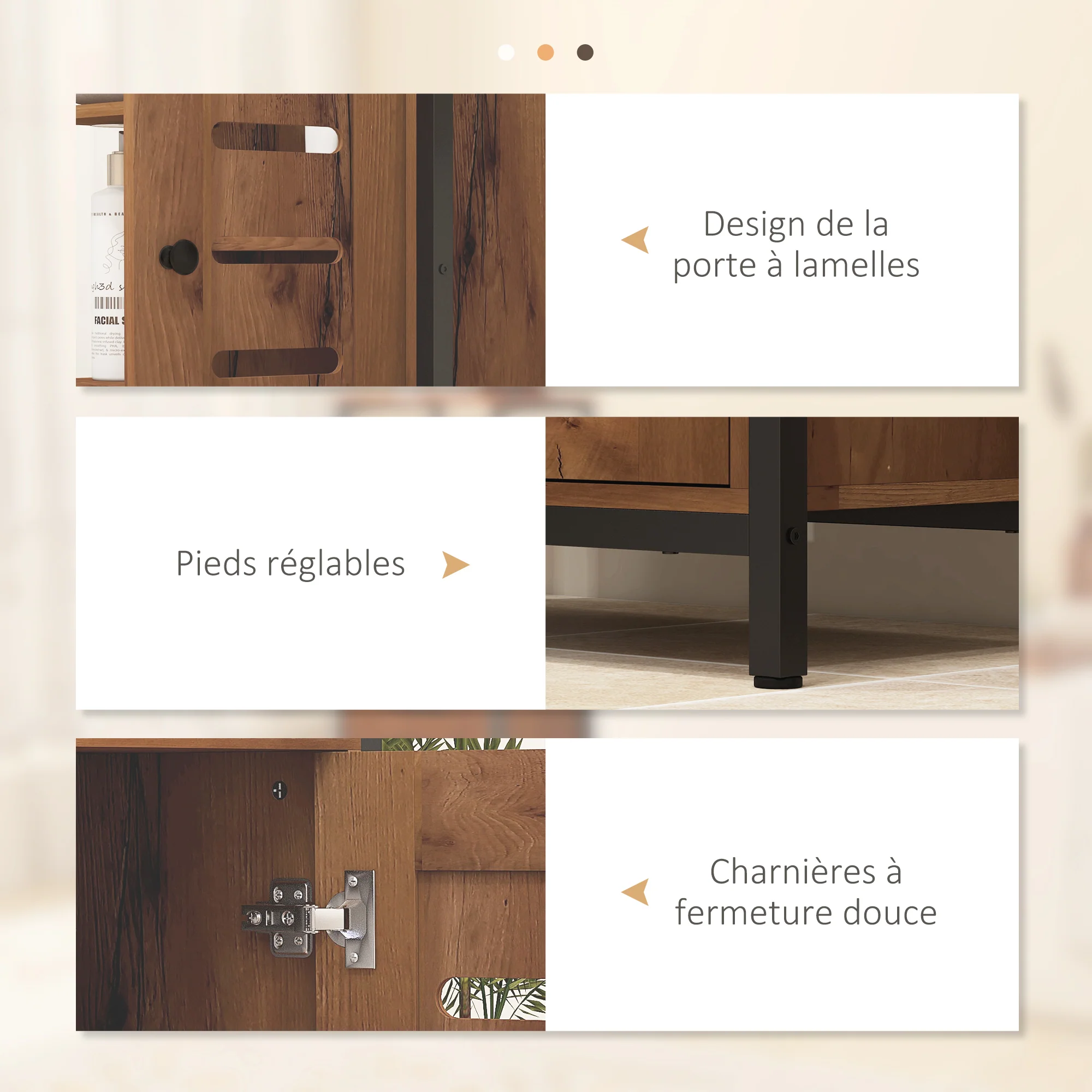 Meuble de salle de bain sur pied, meuble de rangement, design industriel, structure en acier, 3 étagères ouvertes, placard à 2 niveaux, porte à lamelles, 60 x 30 x 85 cm, marron rustique - Image 8