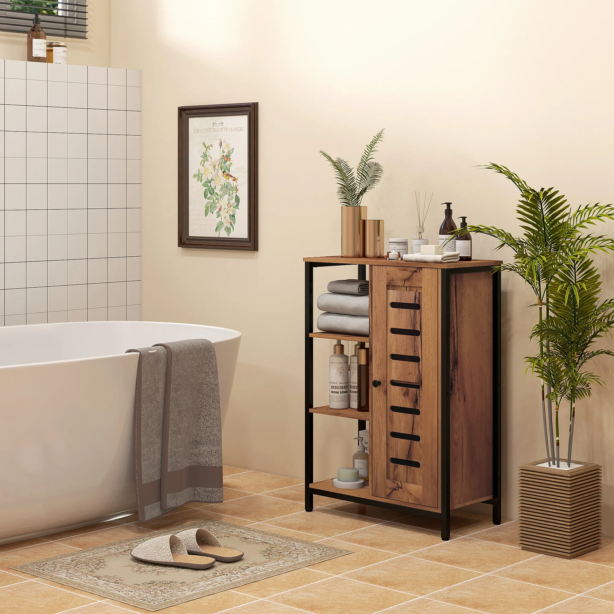 Meuble de salle de bain sur pied, meuble de rangement, design industriel, structure en acier, 3 étagères ouvertes, placard à 2 niveaux, porte à lamelles, 60 x 30 x 85 cm, marron rustique - Image 9