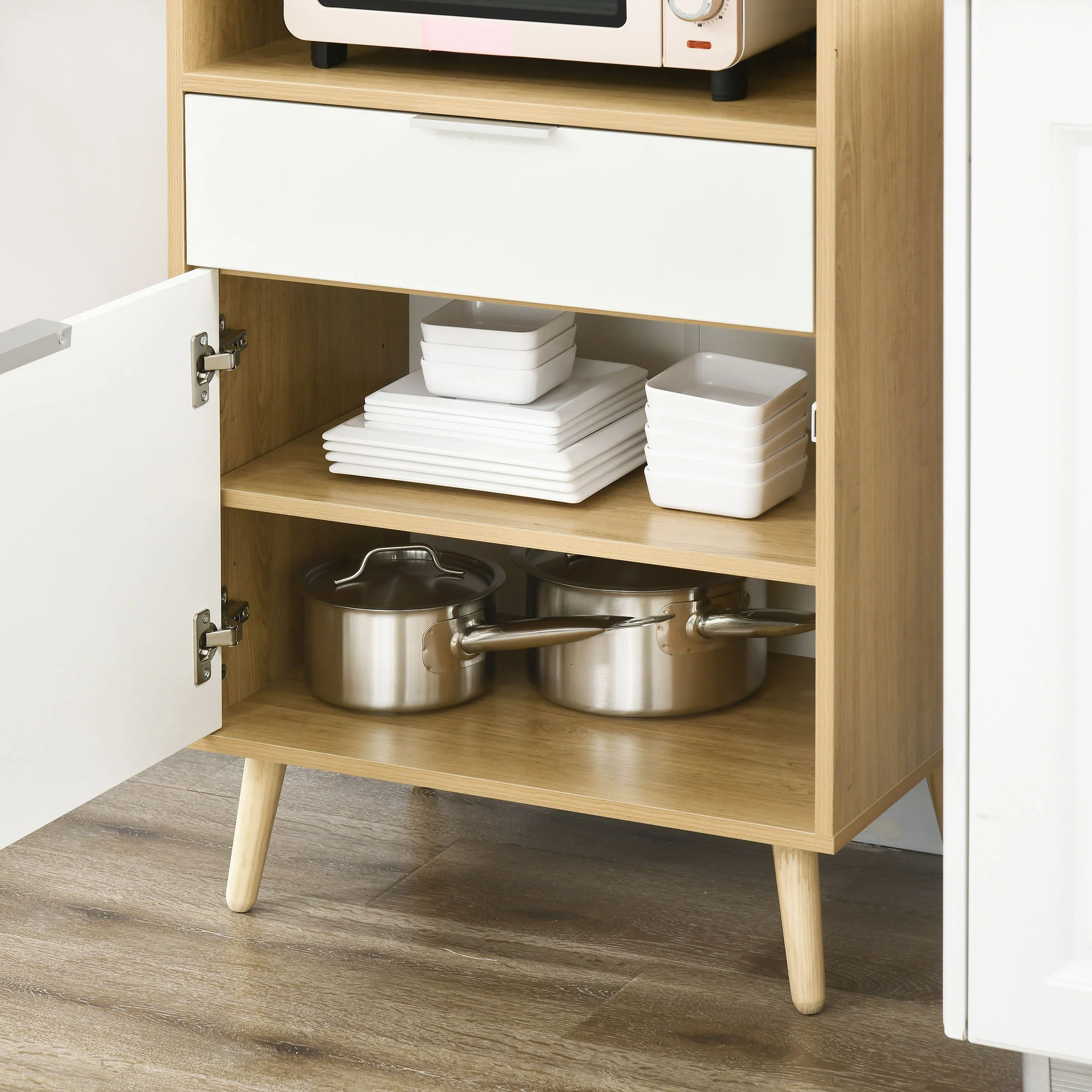 Meuble desserte de cuisine pour micro-ondes style scandinave avec placard, tiroir, étagère réglable - 58 x 40 x 118 cm - naturel et blanc - Image 10