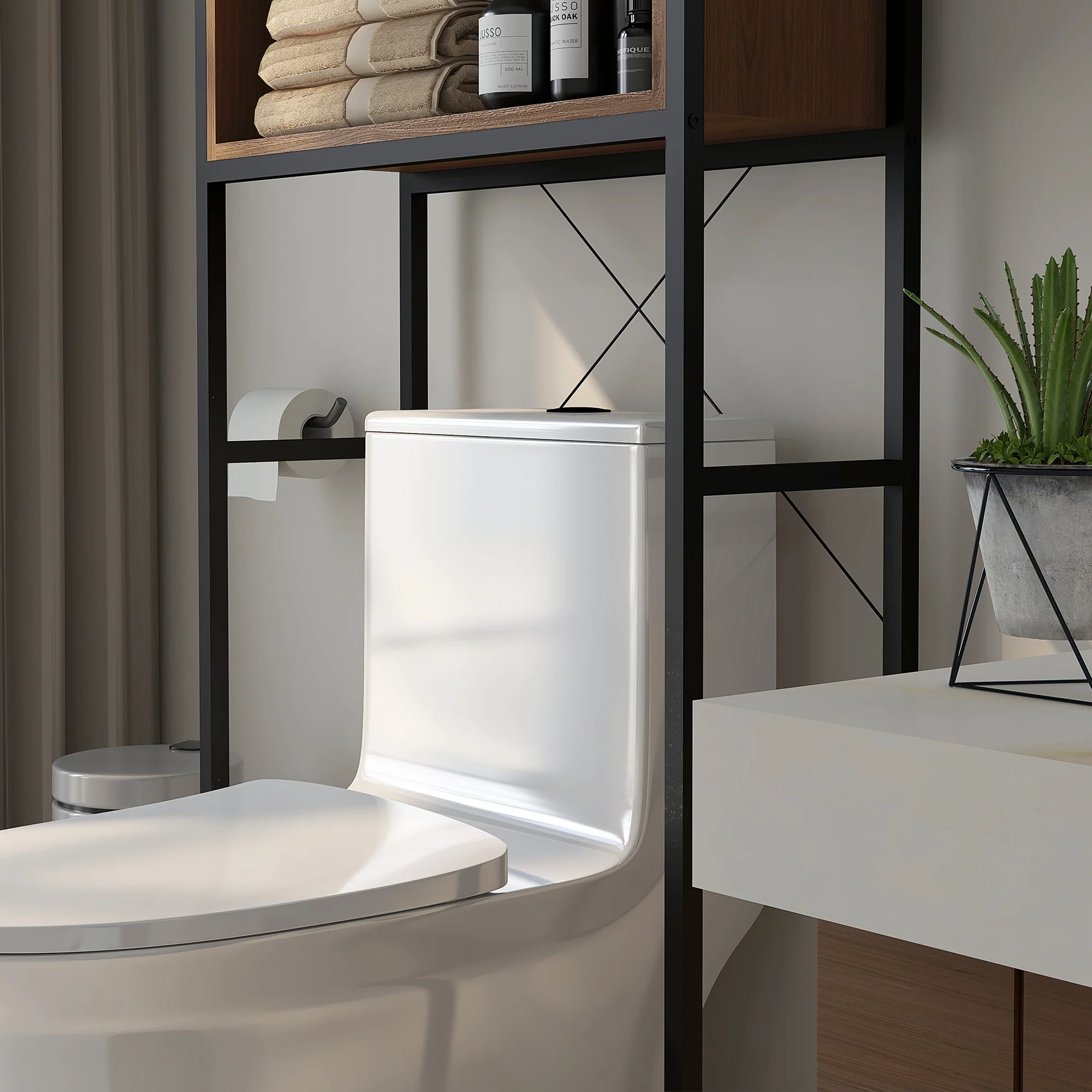 Meuble étagère dessus WC étagère de salle de bain placard 2 portes et niche - 68 x 25,5 x 172,5 cm marron noir - Image 10