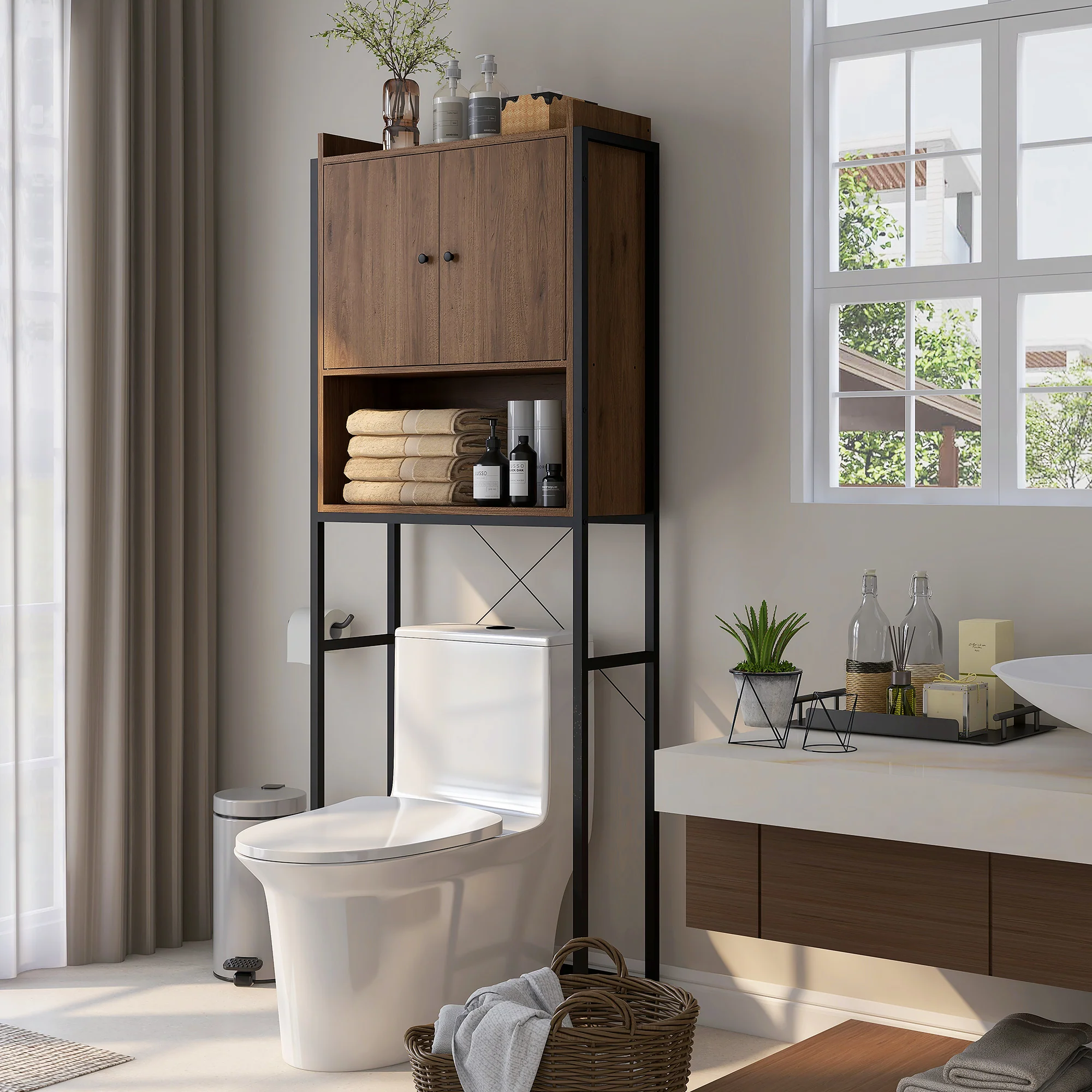 Meuble étagère dessus WC étagère de salle de bain placard 2 portes et niche - 68 x 25,5 x 172,5 cm marron noir - Image 3