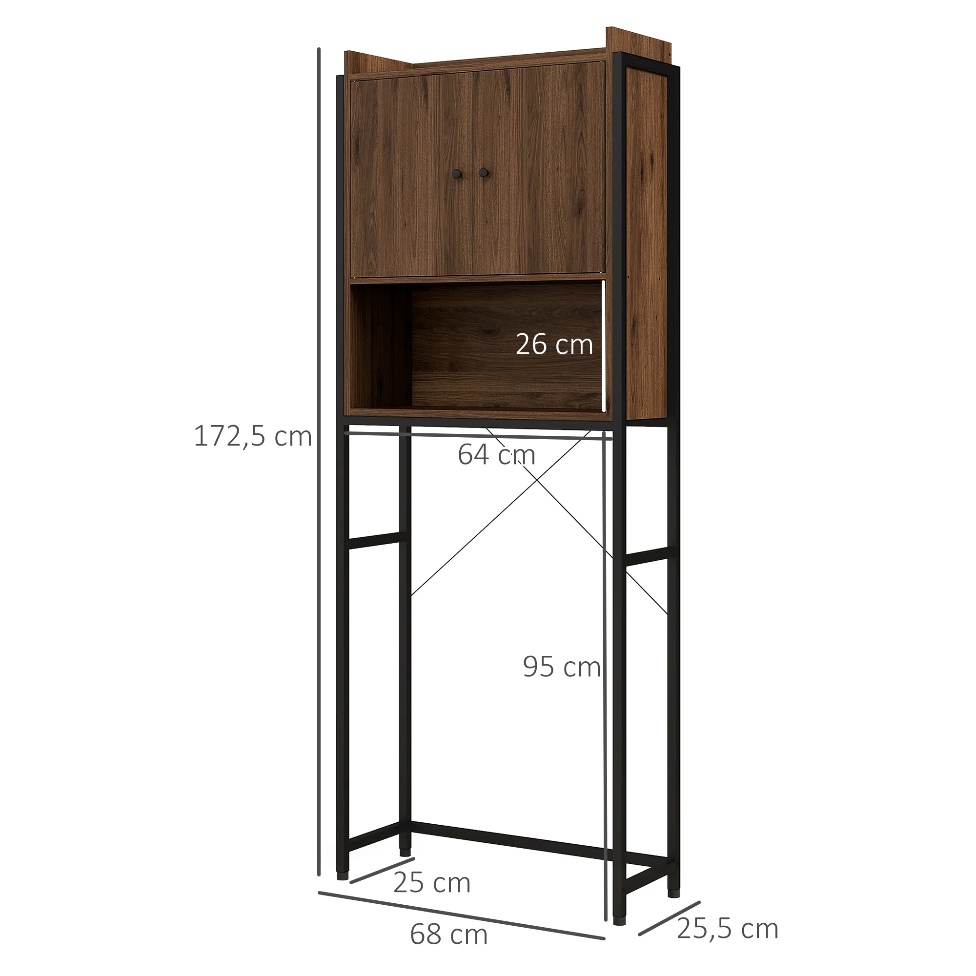 Meuble étagère dessus WC étagère de salle de bain placard 2 portes et niche - 68 x 25,5 x 172,5 cm marron noir - Image 4