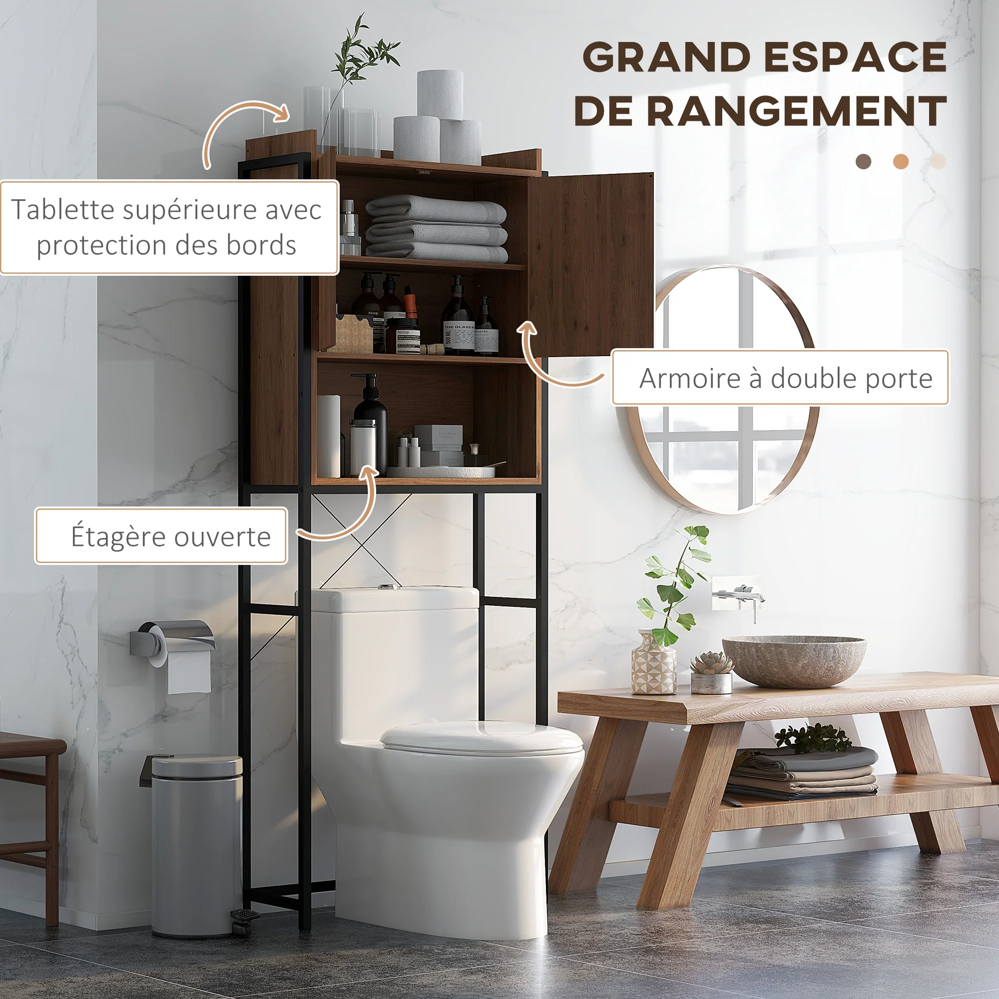 Meuble étagère dessus WC étagère de salle de bain placard 2 portes et niche - 68 x 25,5 x 172,5 cm marron noir - Image 5