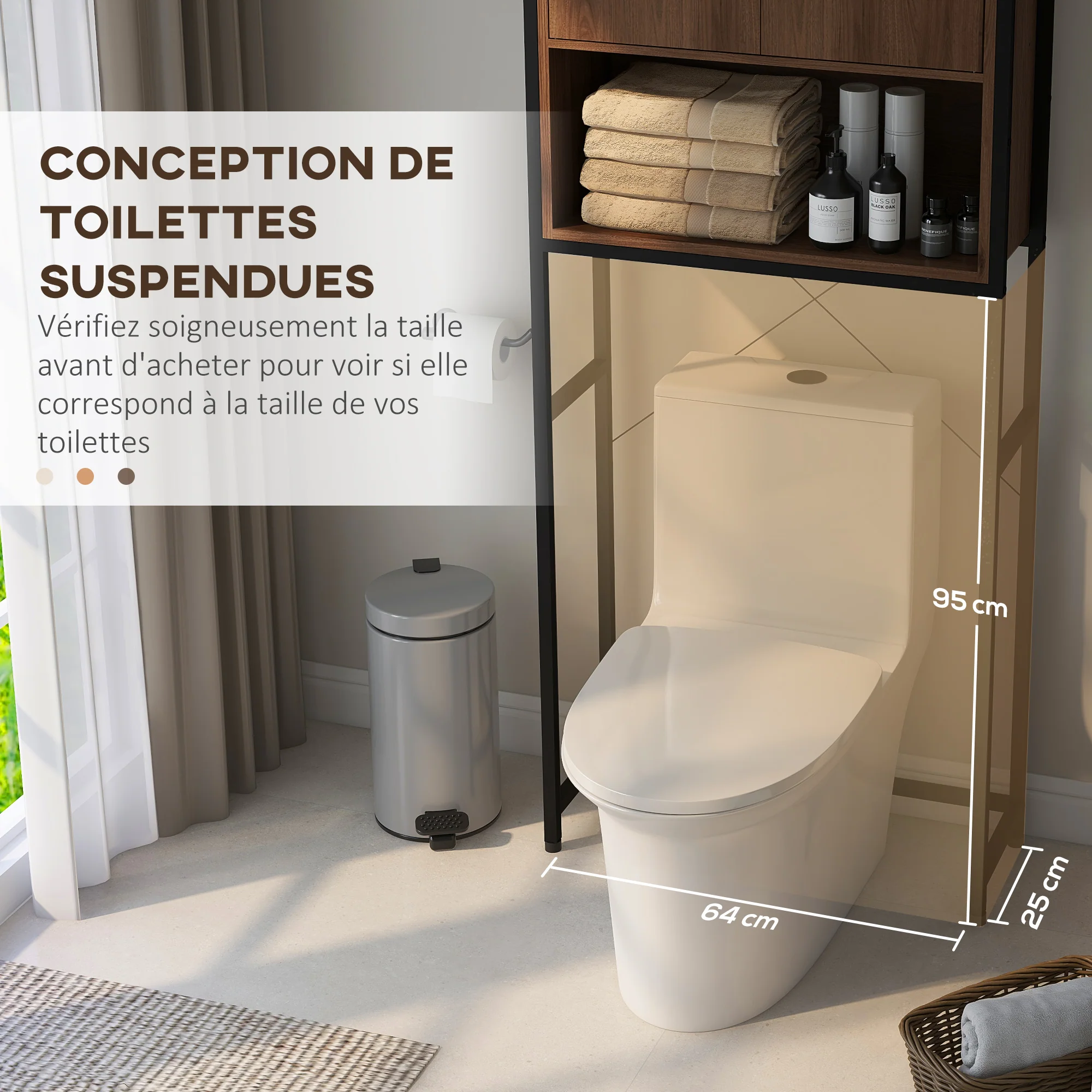 Meuble étagère dessus WC étagère de salle de bain placard 2 portes et niche - 68 x 25,5 x 172,5 cm marron noir - Image 6