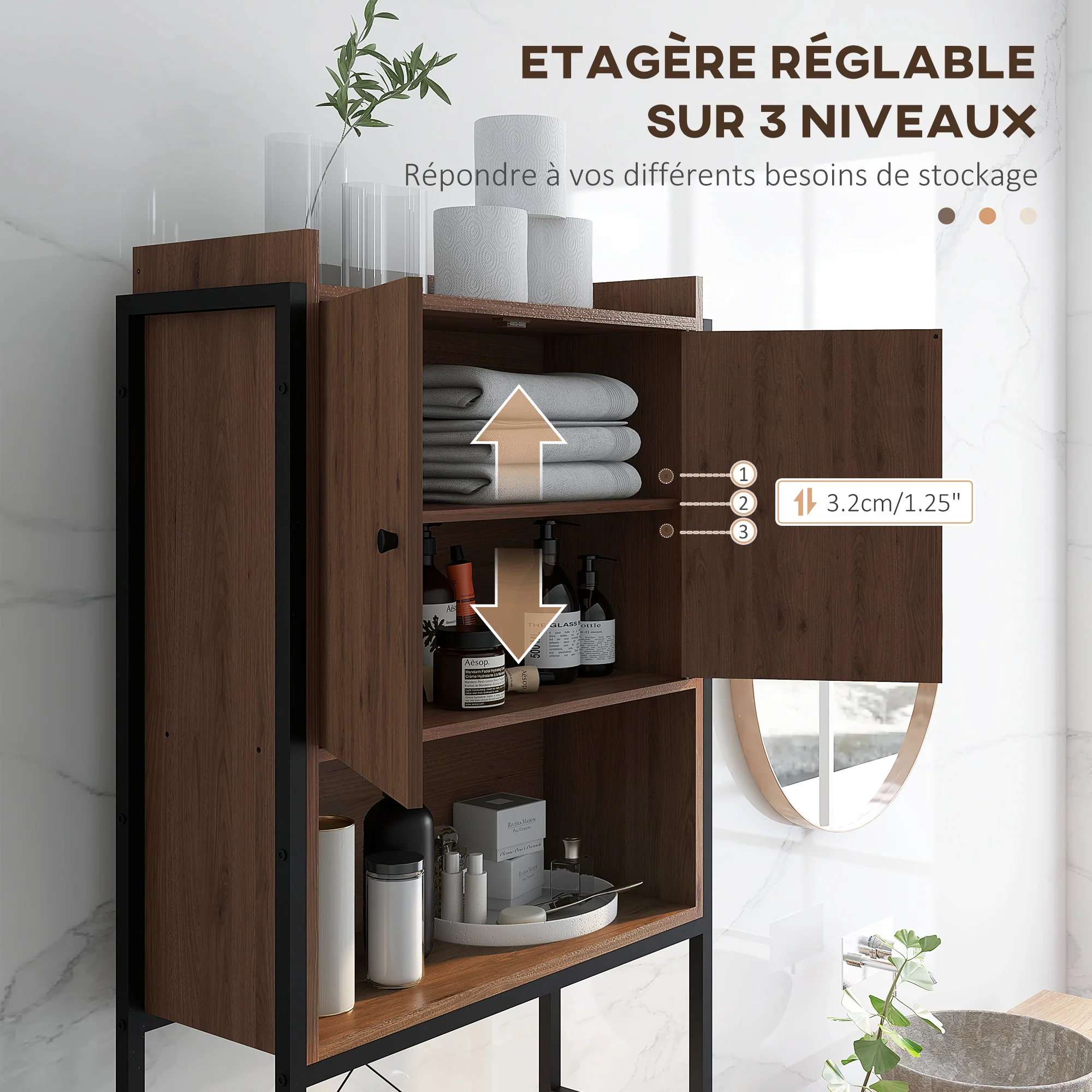 Meuble étagère dessus WC étagère de salle de bain placard 2 portes et niche - 68 x 25,5 x 172,5 cm marron noir - Image 7