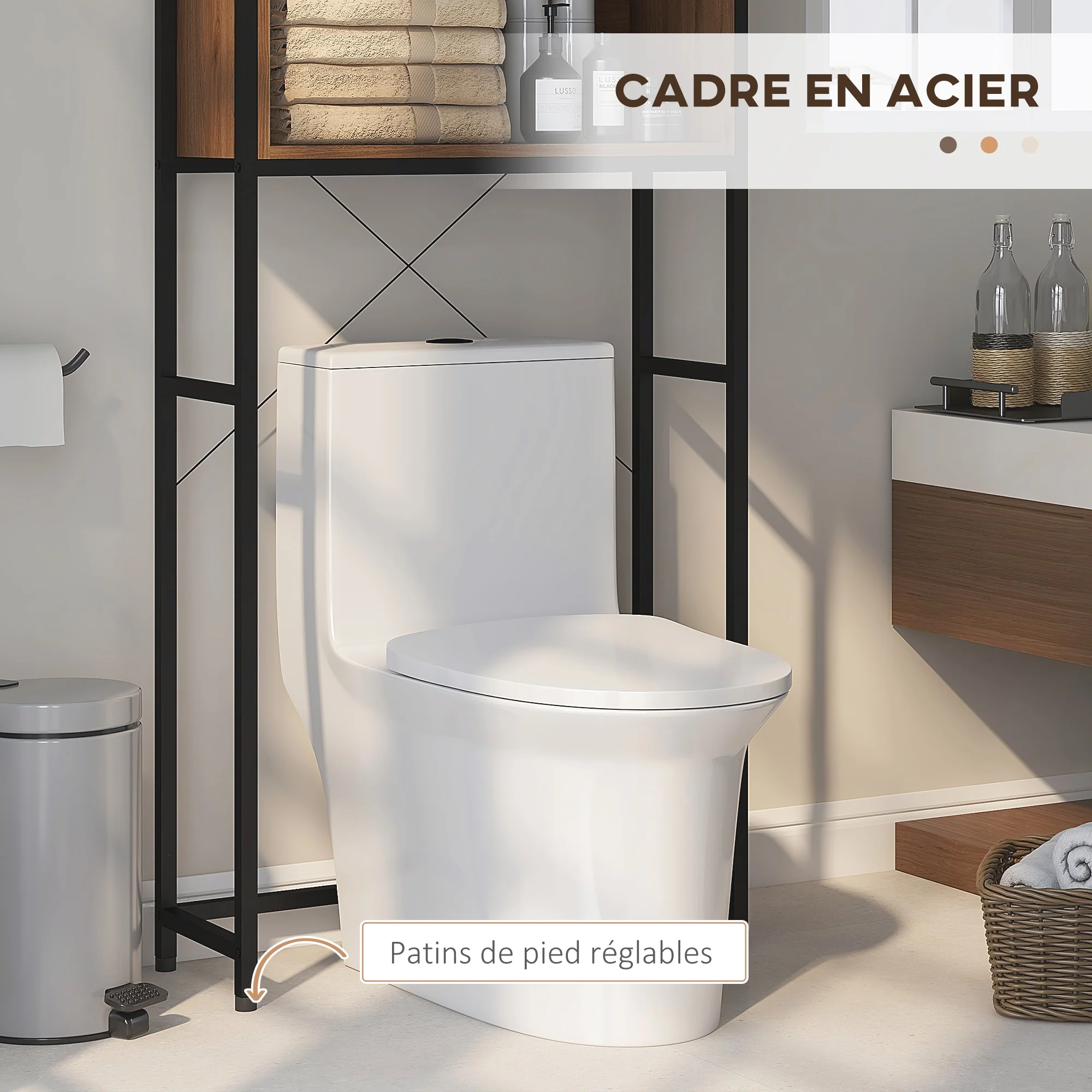 Meuble étagère dessus WC étagère de salle de bain placard 2 portes et niche - 68 x 25,5 x 172,5 cm marron noir - Image 8