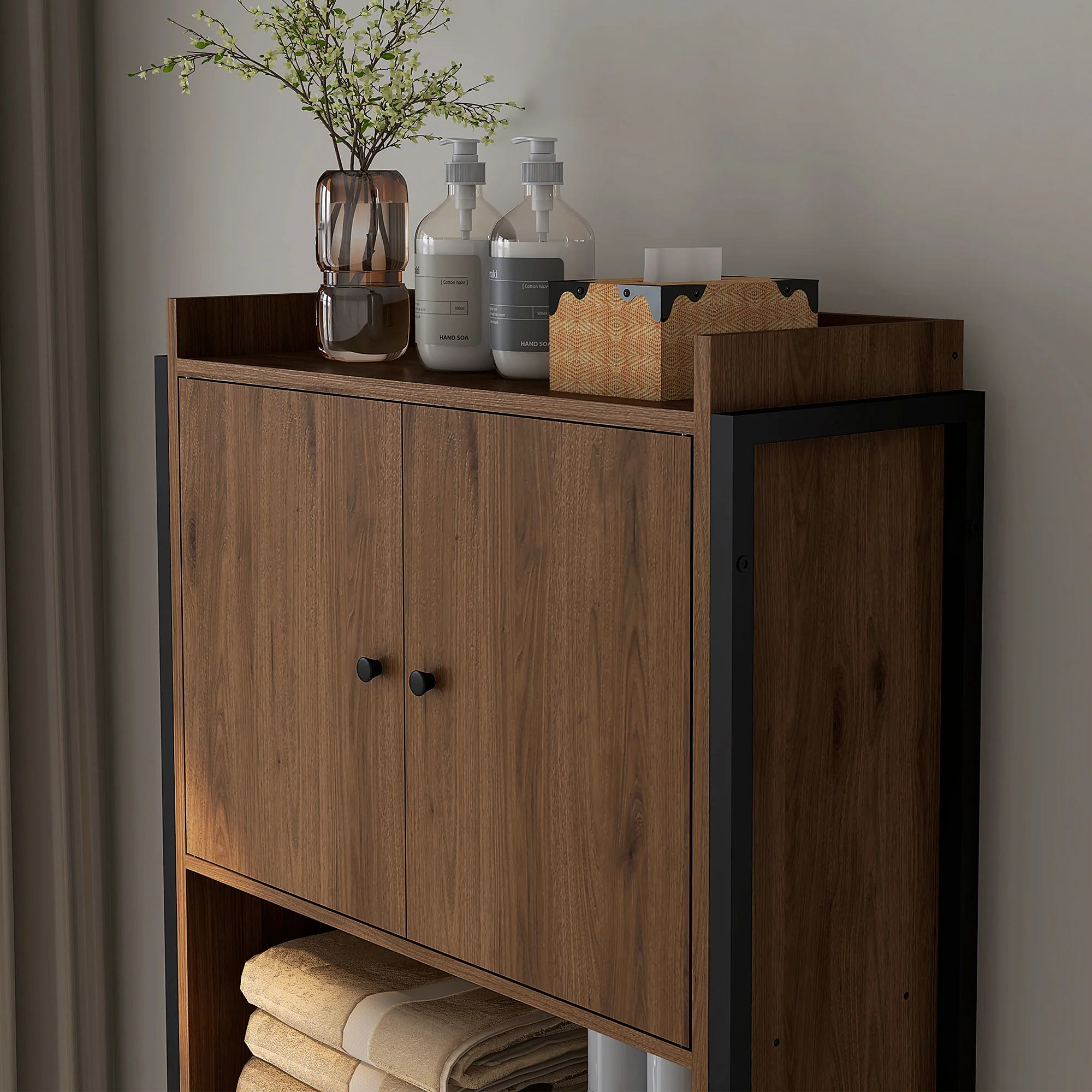 Meuble étagère dessus WC étagère de salle de bain placard 2 portes et niche - 68 x 25,5 x 172,5 cm marron noir - Image 9
