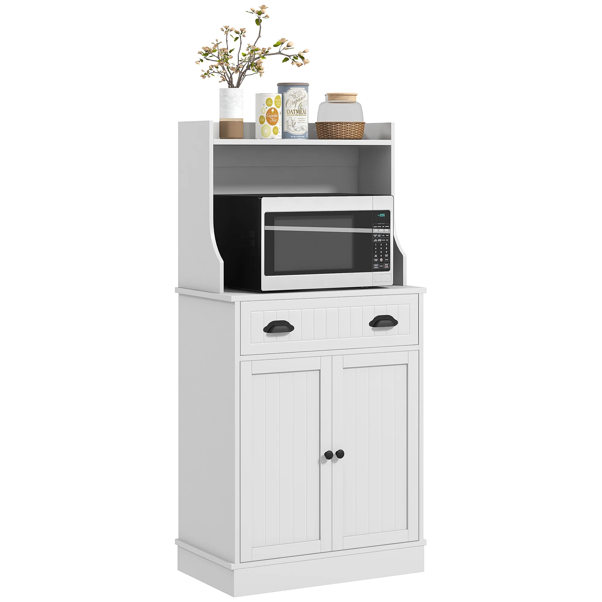 Meuble micro-ondes, armoire cuisine, étagère réglable sur 3 niveaux, avec espace ouvert, 1 tiroir et placard 2 portes, meuble de cuisine, design moderne, 61 x 35 x 125,4 cm, blanc - Image 11