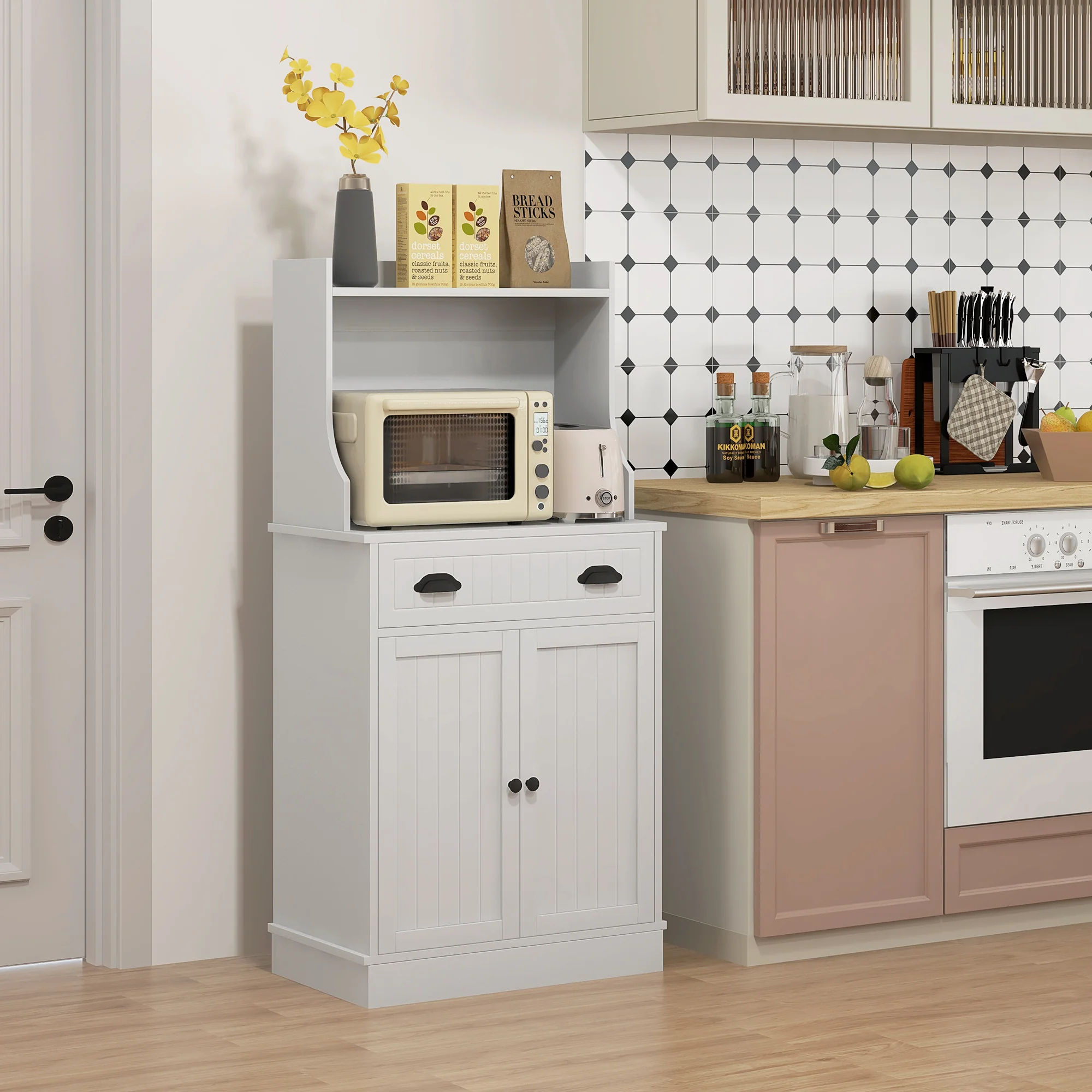 Meuble micro-ondes, armoire cuisine, étagère réglable sur 3 niveaux, avec espace ouvert, 1 tiroir et placard 2 portes, meuble de cuisine, design moderne, 61 x 35 x 125,4 cm, blanc - Image 3