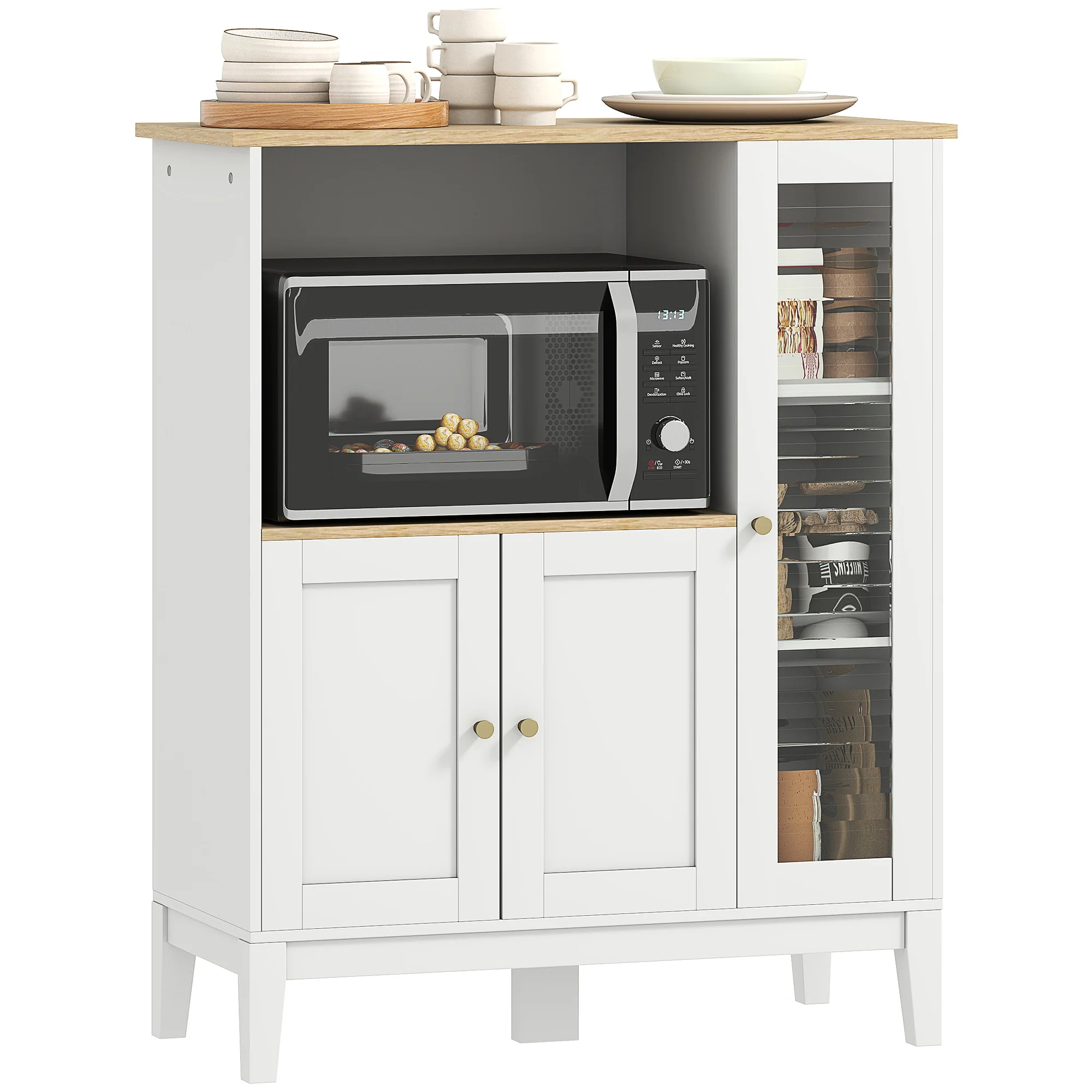 Meuble micro-ondes, armoire de cuisine, buffet, avec 1 niche 3 portes, passe-cables, pour cuisine, salle à manger, salon, 80 x 35 x 97 cm, verre trempé, blanc et aspect bois - Image 11