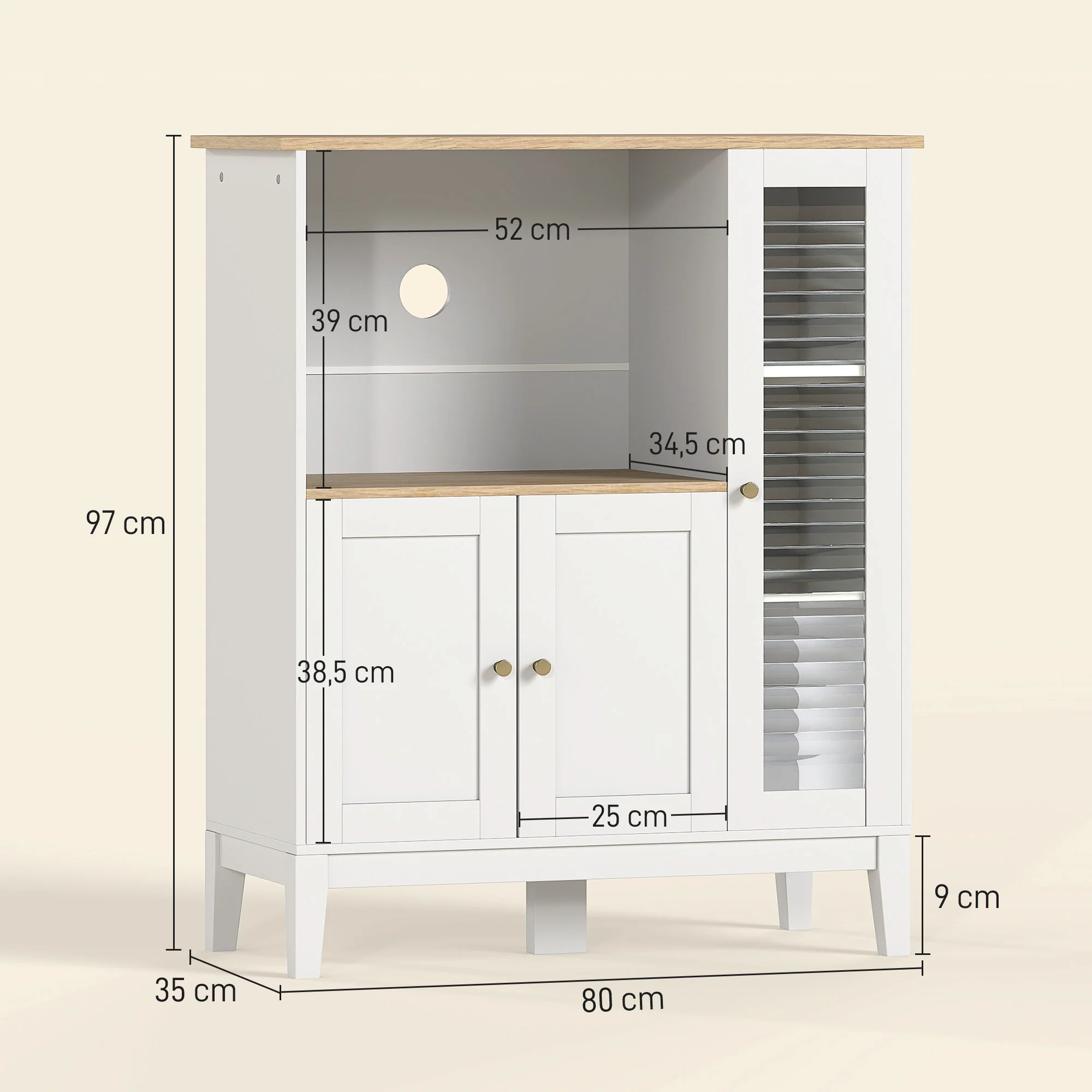 Meuble micro-ondes, armoire de cuisine, buffet, avec 1 niche 3 portes, passe-cables, pour cuisine, salle à manger, salon, 80 x 35 x 97 cm, verre trempé, blanc et aspect bois - Image 4