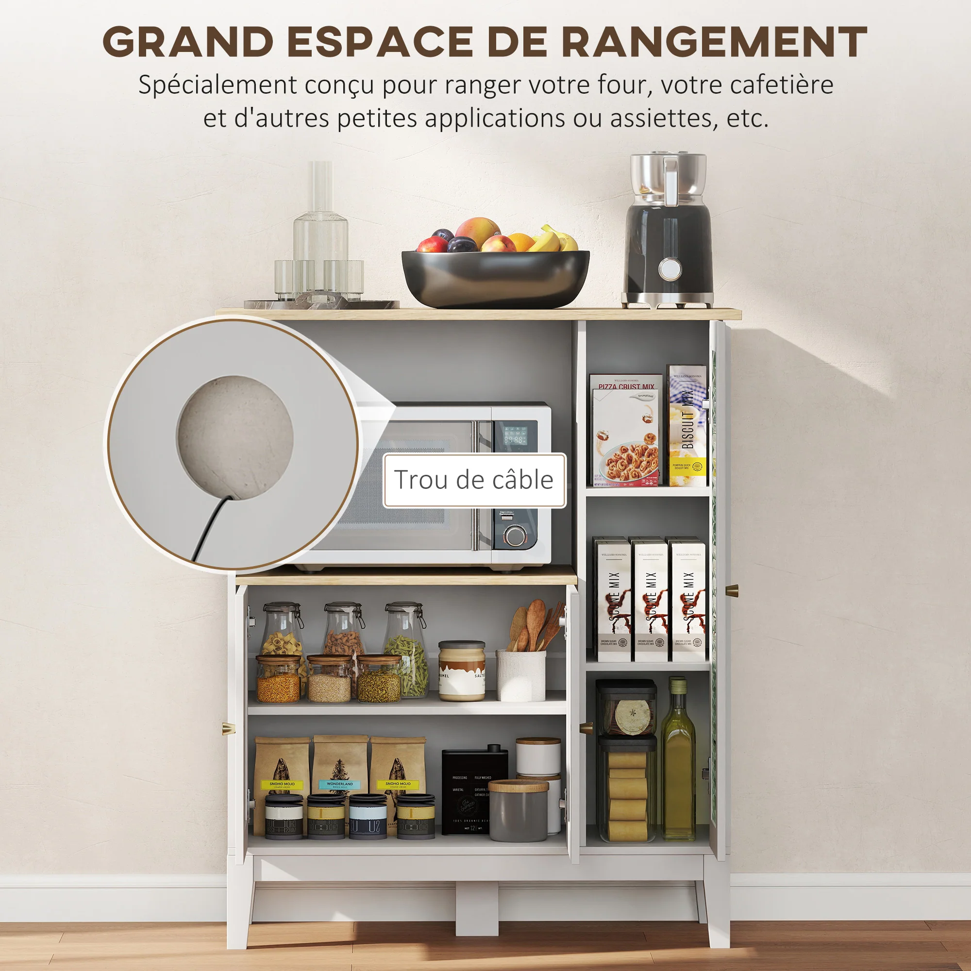 Meuble micro-ondes, armoire de cuisine, buffet, avec 1 niche 3 portes, passe-cables, pour cuisine, salle à manger, salon, 80 x 35 x 97 cm, verre trempé, blanc et aspect bois - Image 5