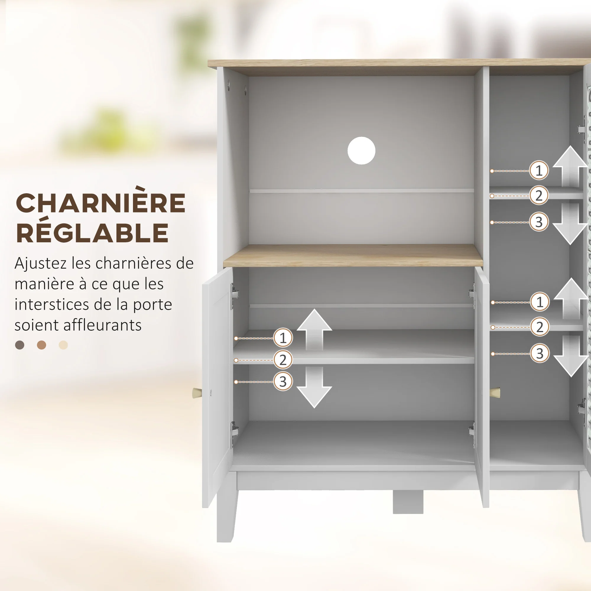 Meuble micro-ondes, armoire de cuisine, buffet, avec 1 niche 3 portes, passe-cables, pour cuisine, salle à manger, salon, 80 x 35 x 97 cm, verre trempé, blanc et aspect bois - Image 6