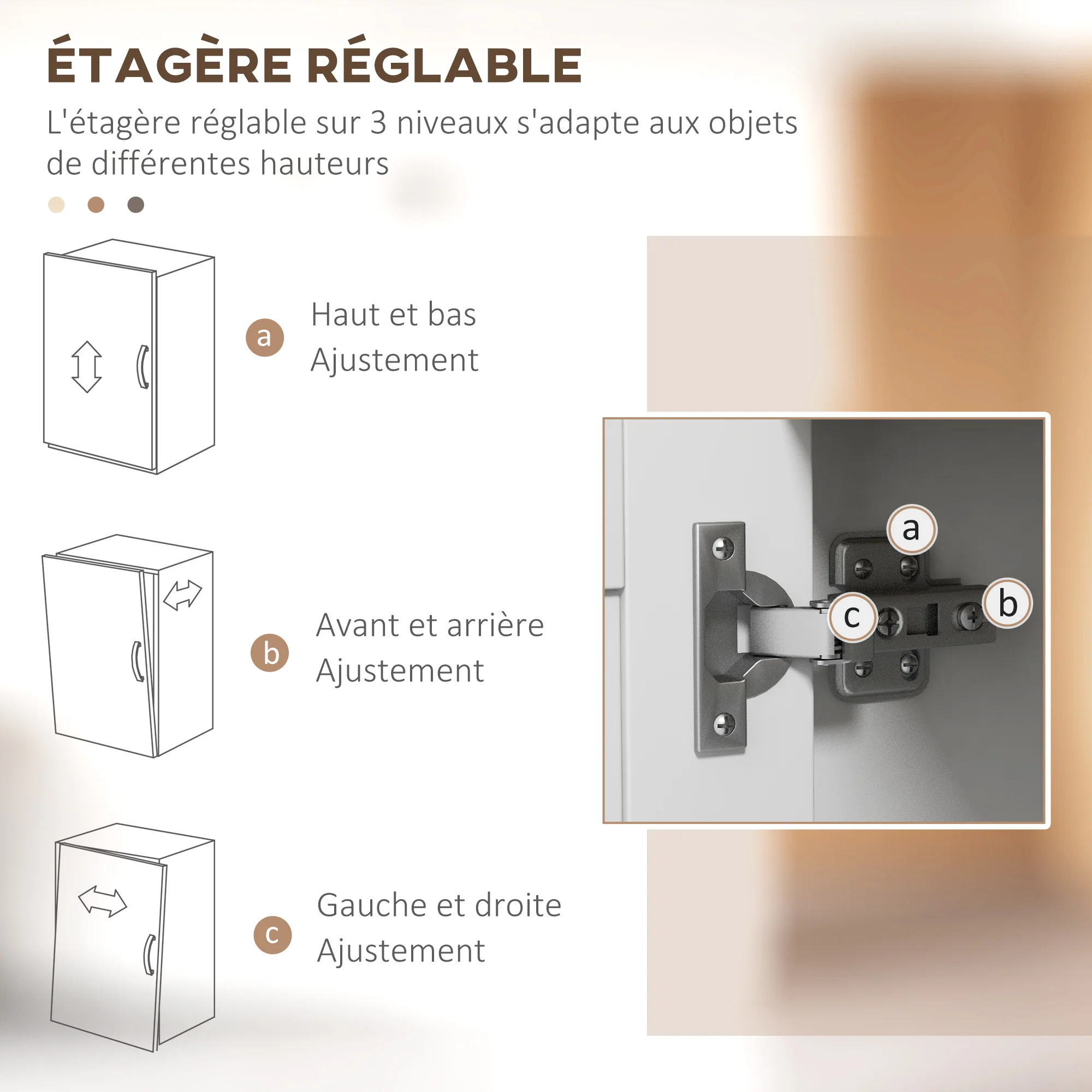Meuble micro-ondes, armoire de cuisine, buffet, avec 1 niche 3 portes, passe-cables, pour cuisine, salle à manger, salon, 80 x 35 x 97 cm, verre trempé, blanc et aspect bois - Image 7