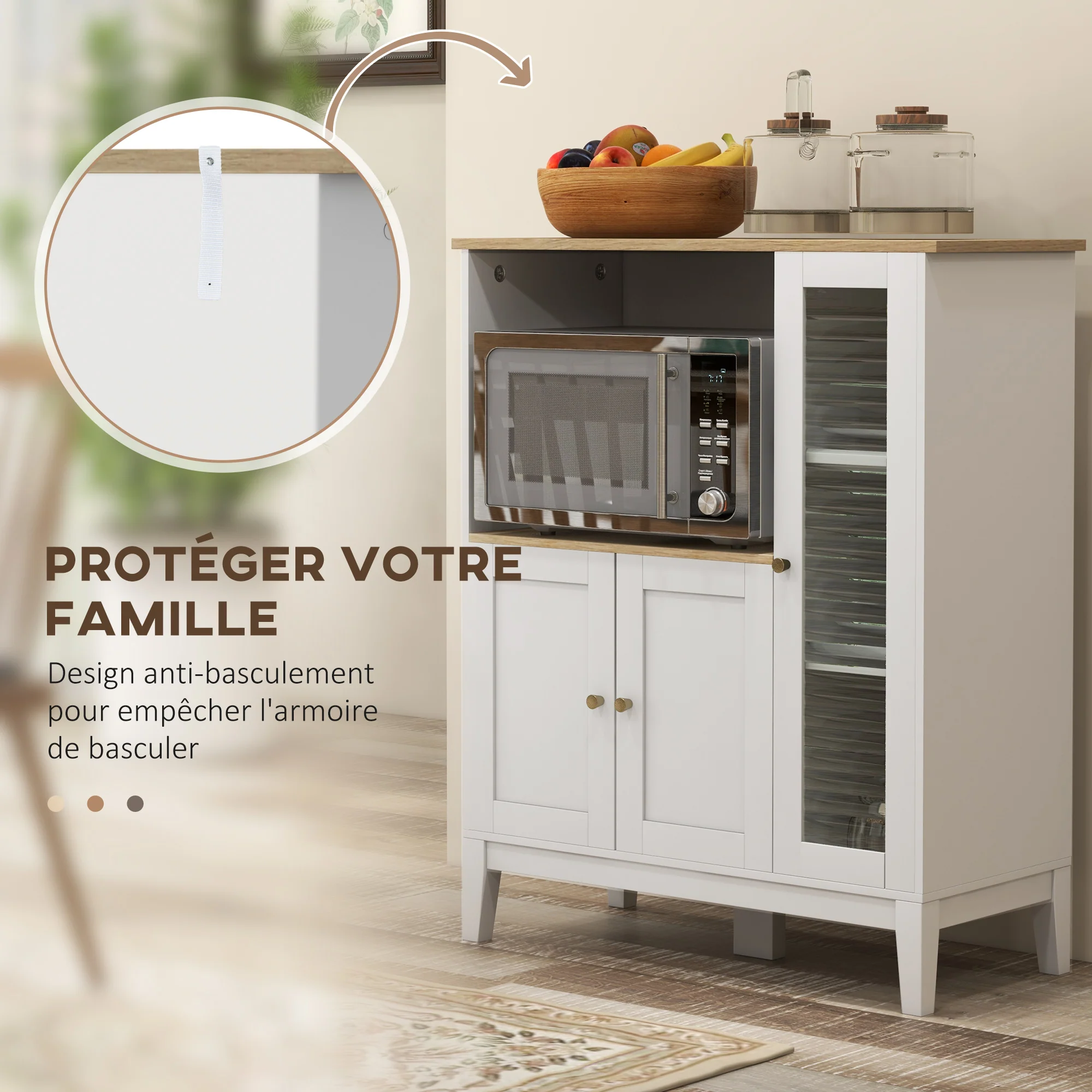 Meuble micro-ondes, armoire de cuisine, buffet, avec 1 niche 3 portes, passe-cables, pour cuisine, salle à manger, salon, 80 x 35 x 97 cm, verre trempé, blanc et aspect bois - Image 8