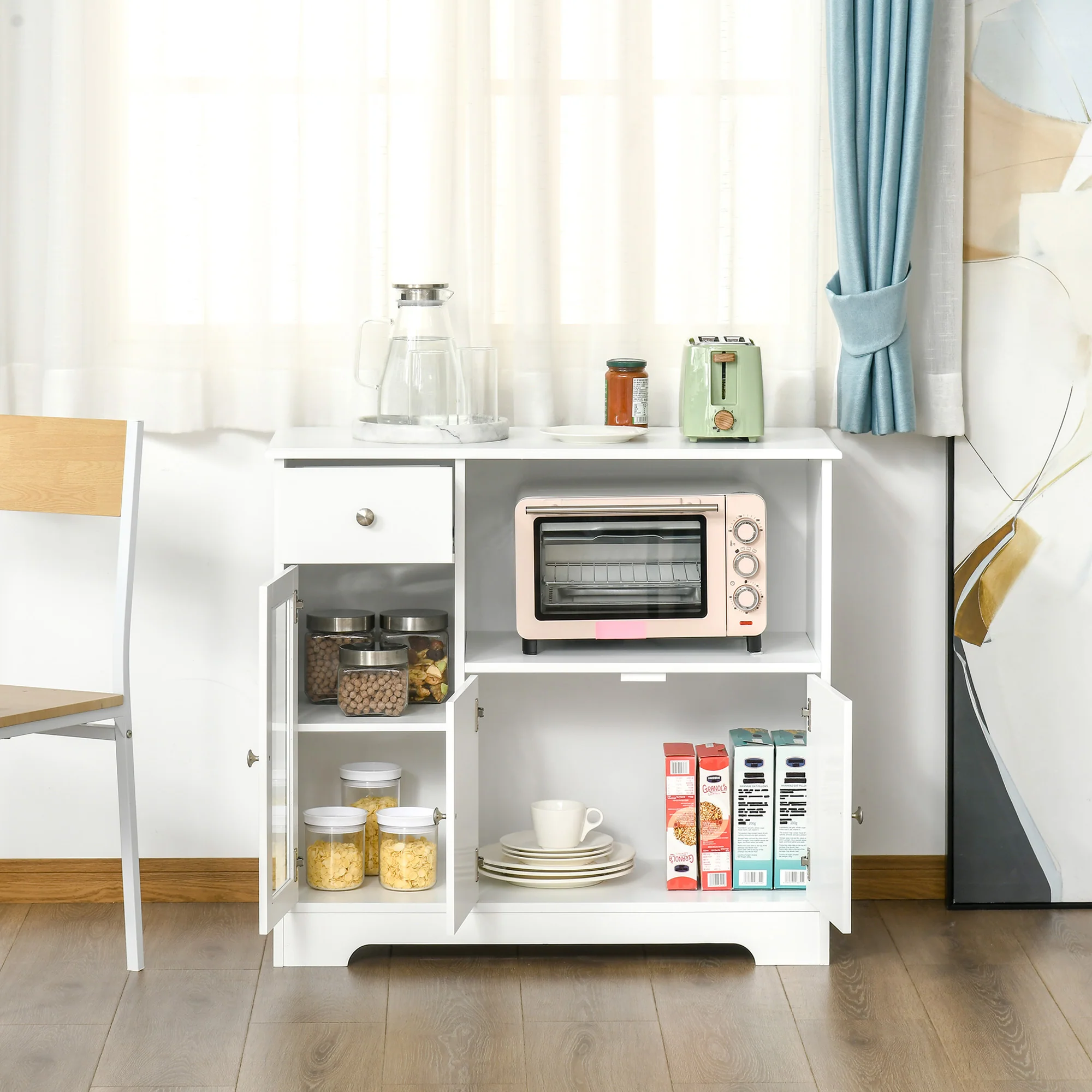 Meuble micro-ondes, buffet cuisine, armoire de rangement, pour cuisine, salle à Manger 90 x 40 x 82 cm verre trempé et bois, blanc - Image 3