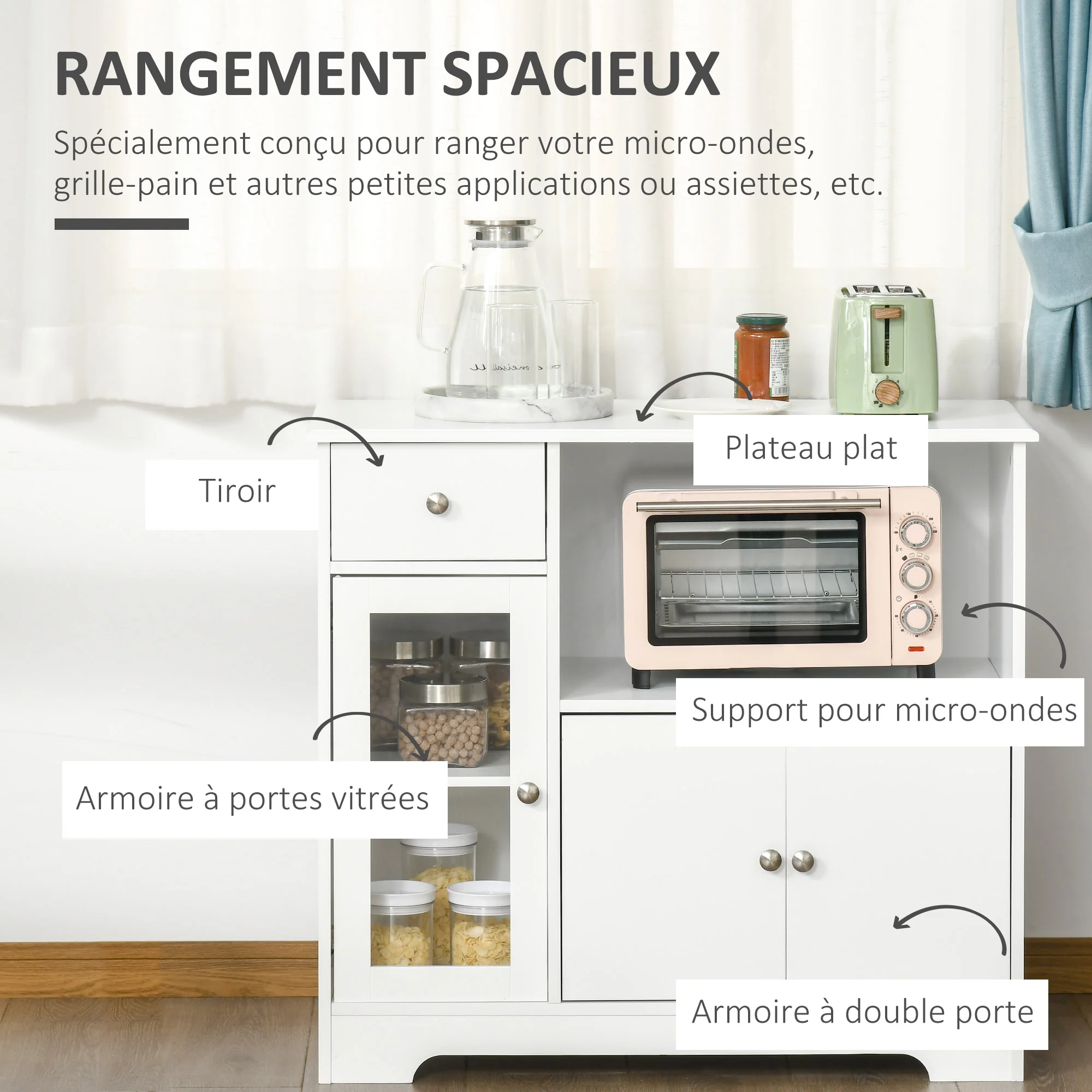 Meuble micro-ondes, buffet cuisine, armoire de rangement, pour cuisine, salle à Manger 90 x 40 x 82 cm verre trempé et bois, blanc - Image 5