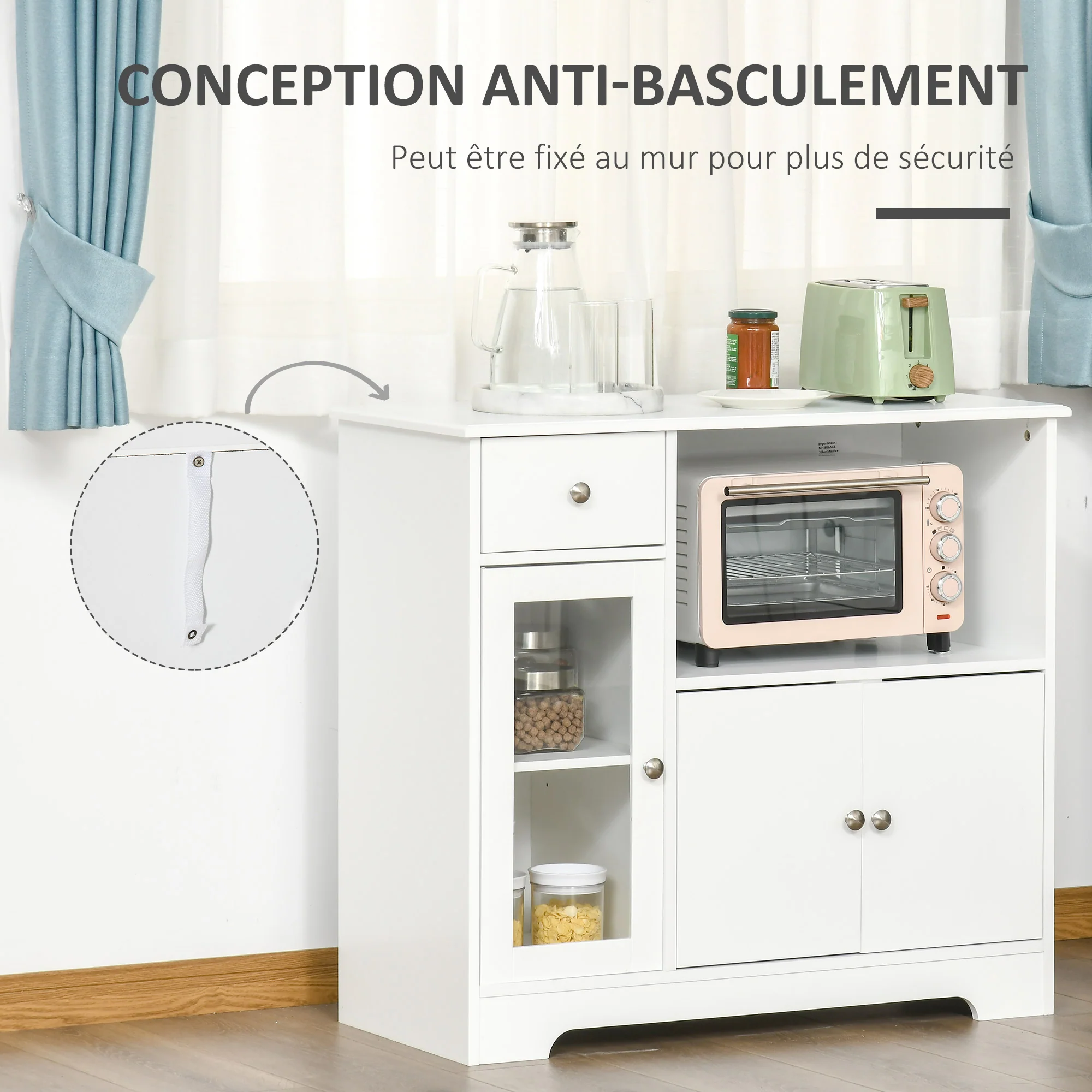 Meuble micro-ondes, buffet cuisine, armoire de rangement, pour cuisine, salle à Manger 90 x 40 x 82 cm verre trempé et bois, blanc - Image 8
