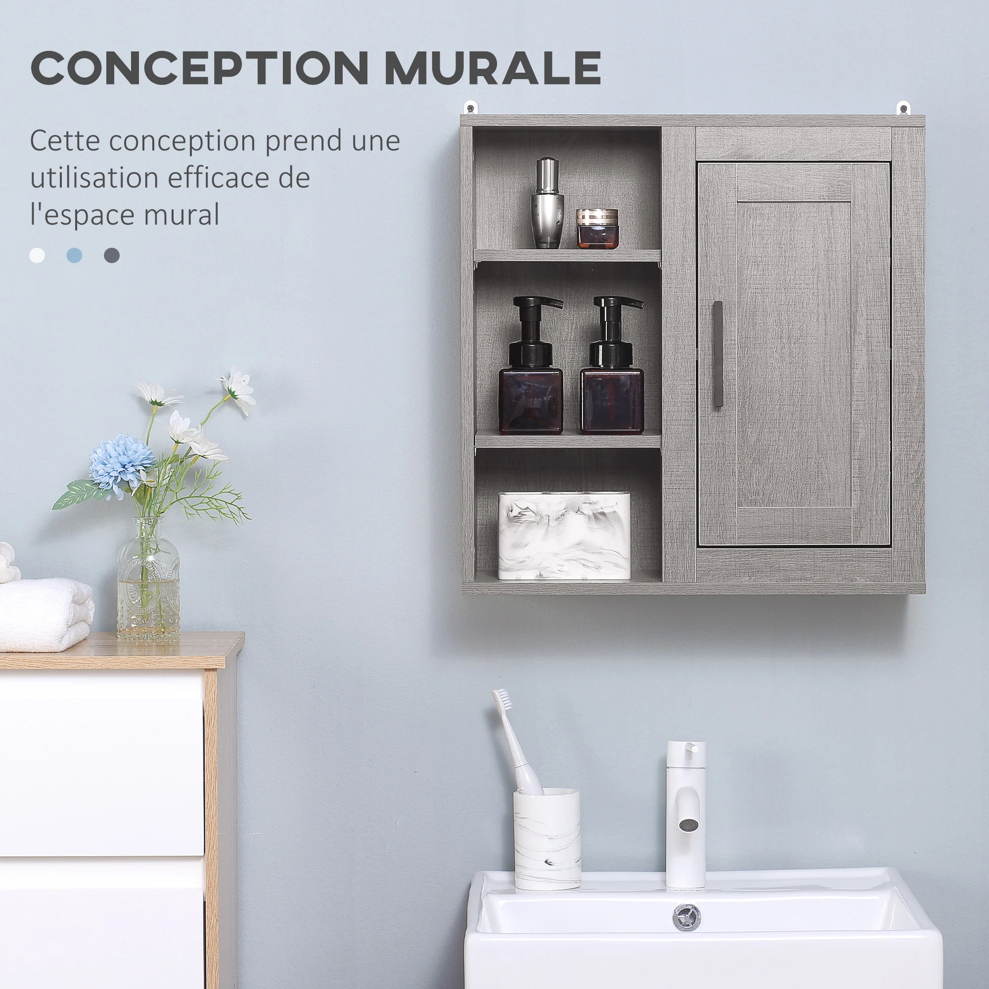 Meuble Mural Meuble de Rangement Suspendu Armoire Murale pour Salle de Bains Placard de Rangement Armoire de Toilette avec étagères et Une Porte - 48 x 20 x 50 cm - Gris - Image 5
