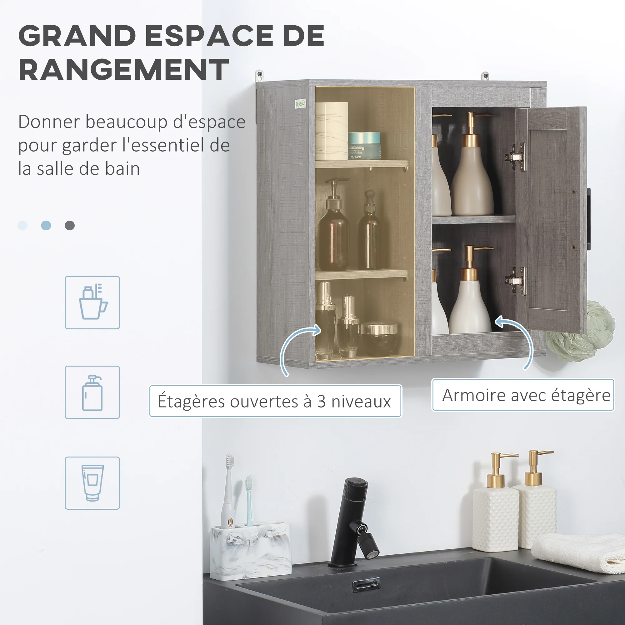 Meuble Mural Meuble de Rangement Suspendu Armoire Murale pour Salle de Bains Placard de Rangement Armoire de Toilette avec étagères et Une Porte - 48 x 20 x 50 cm - Gris - Image 6