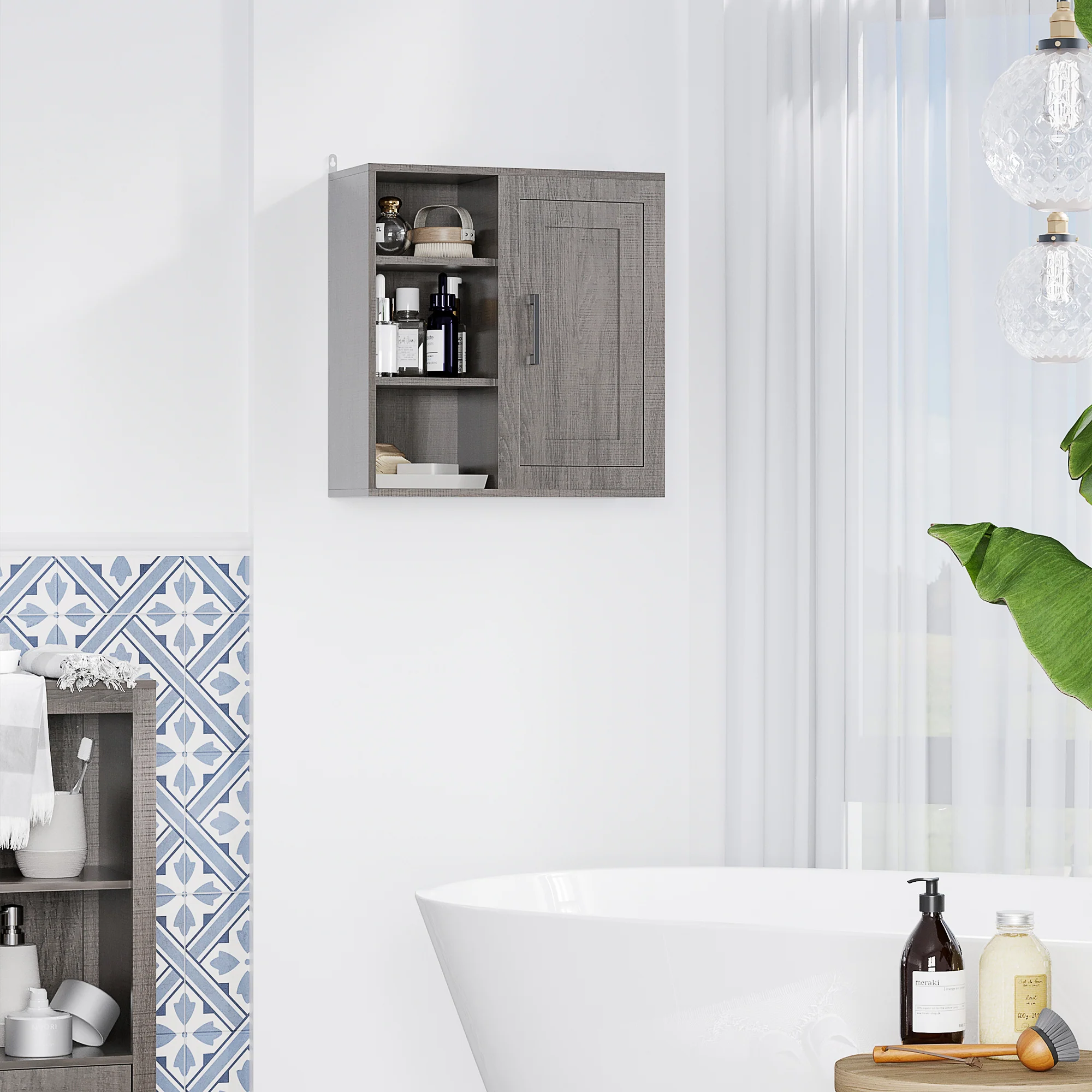 Meuble Mural Meuble de Rangement Suspendu Armoire Murale pour Salle de Bains Placard de Rangement Armoire de Toilette avec étagères et Une Porte - 48 x 20 x 50 cm - Gris - Image 8