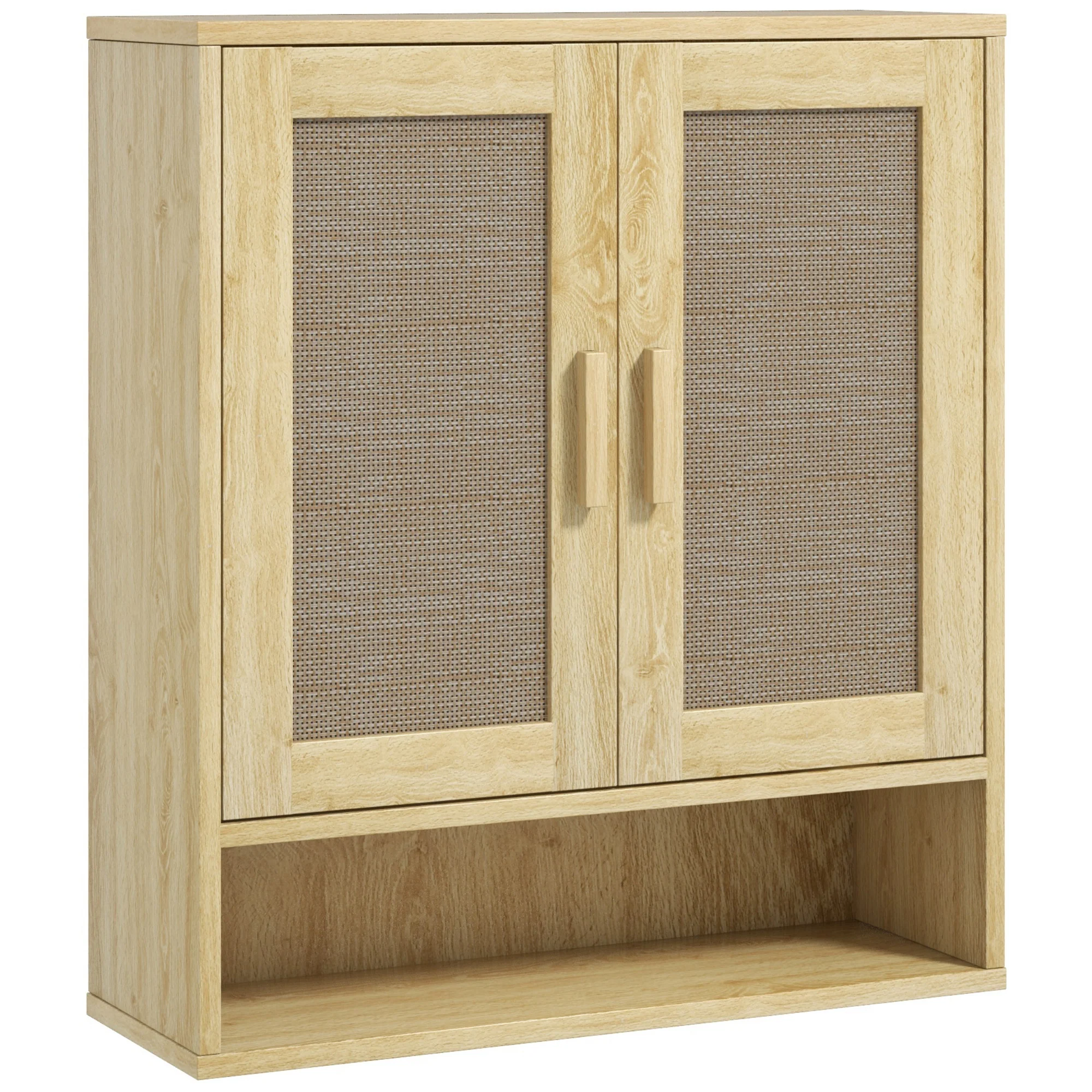 Meuble mural salle de bain, meuble wc suspendu, avec étagère réglable, double porte et étagère ouverte, 59 x 20 x 66,5 cm, effet bois de chêne - Image 2