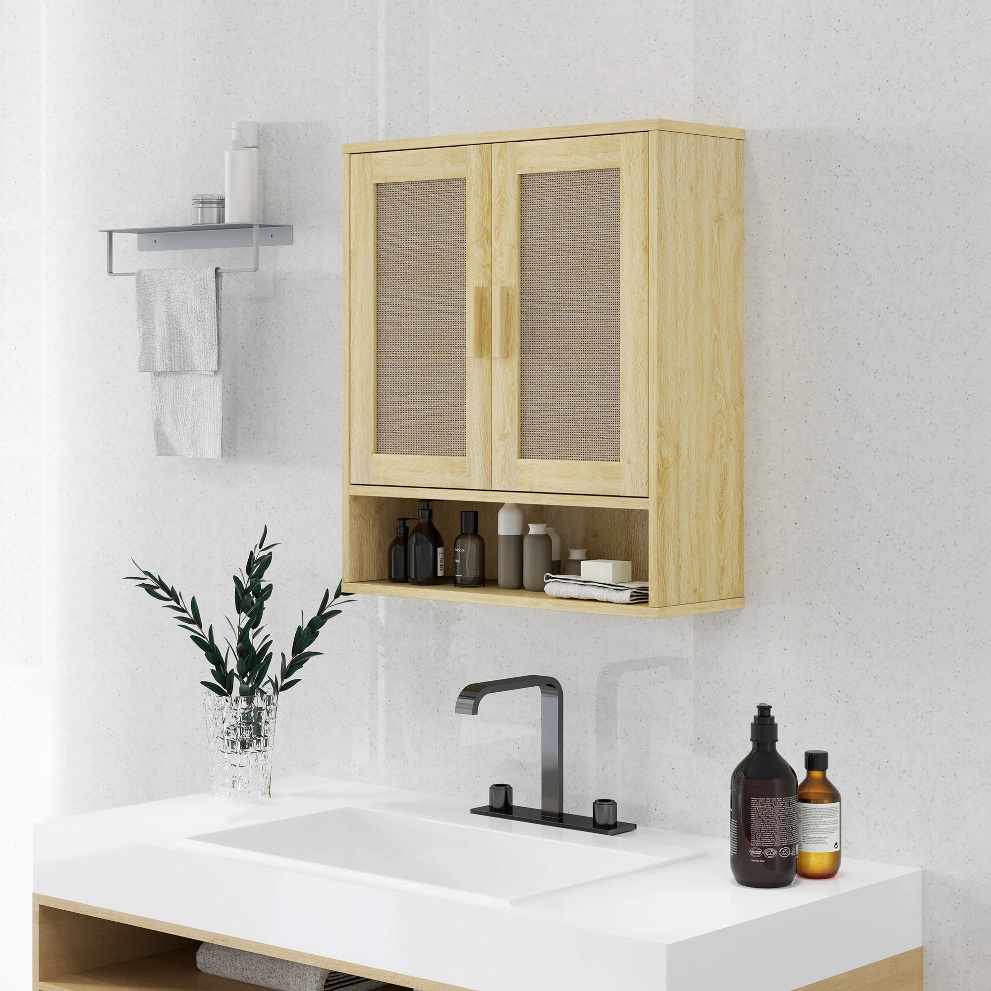 Meuble mural salle de bain, meuble wc suspendu, avec étagère réglable, double porte et étagère ouverte, 59 x 20 x 66,5 cm, effet bois de chêne - Image 3