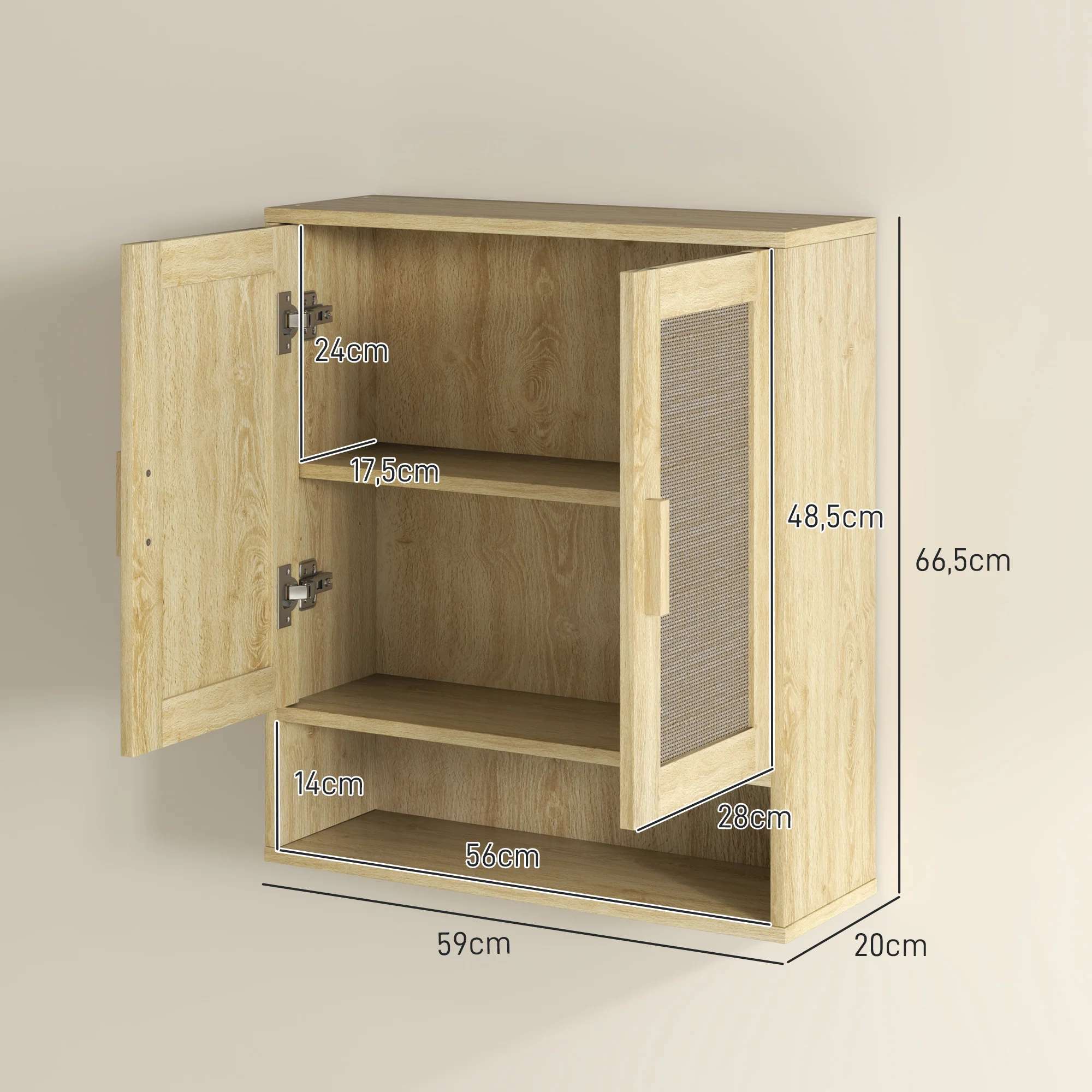 Meuble mural salle de bain, meuble wc suspendu, avec étagère réglable, double porte et étagère ouverte, 59 x 20 x 66,5 cm, effet bois de chêne - Image 4