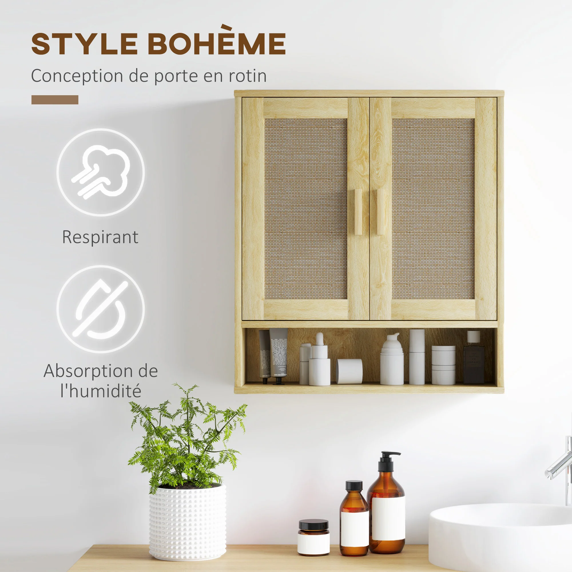 Meuble mural salle de bain, meuble wc suspendu, avec étagère réglable, double porte et étagère ouverte, 59 x 20 x 66,5 cm, effet bois de chêne - Image 5