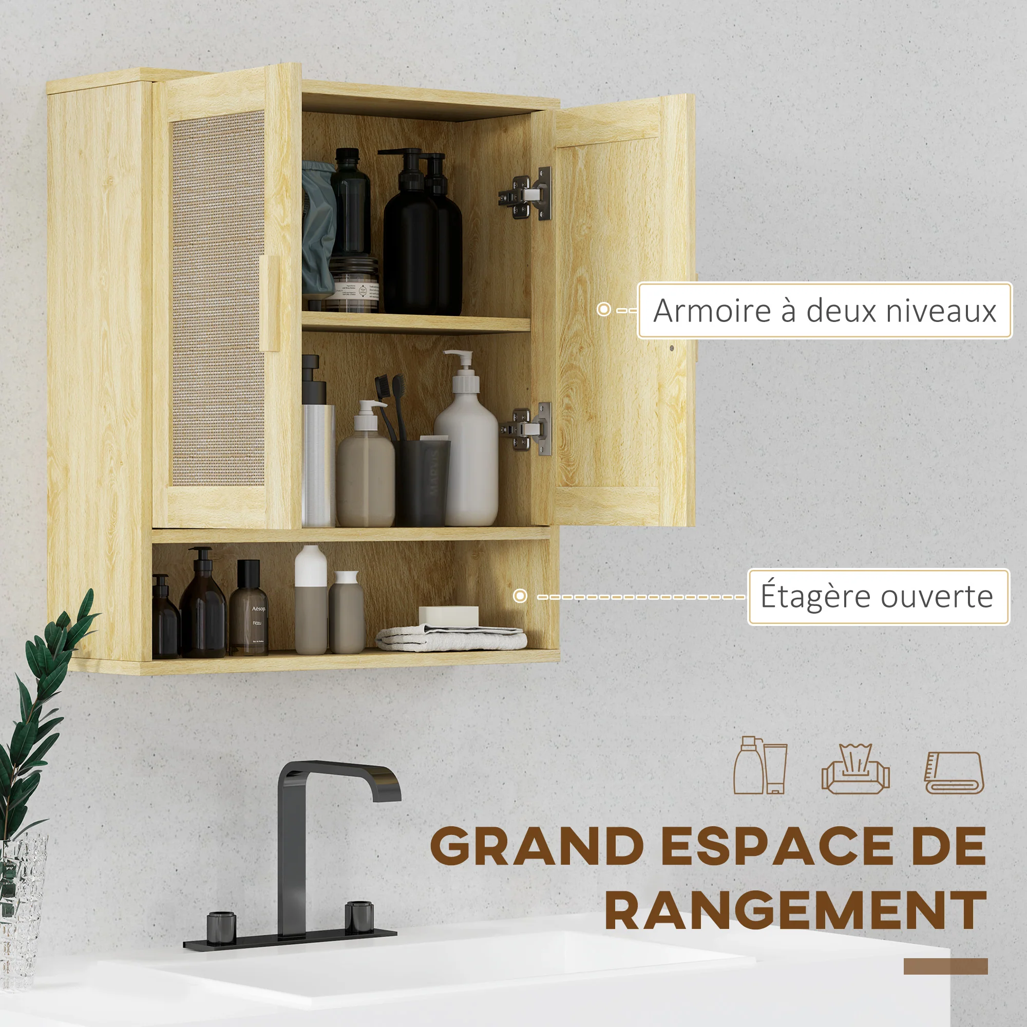 Meuble mural salle de bain, meuble wc suspendu, avec étagère réglable, double porte et étagère ouverte, 59 x 20 x 66,5 cm, effet bois de chêne - Image 6