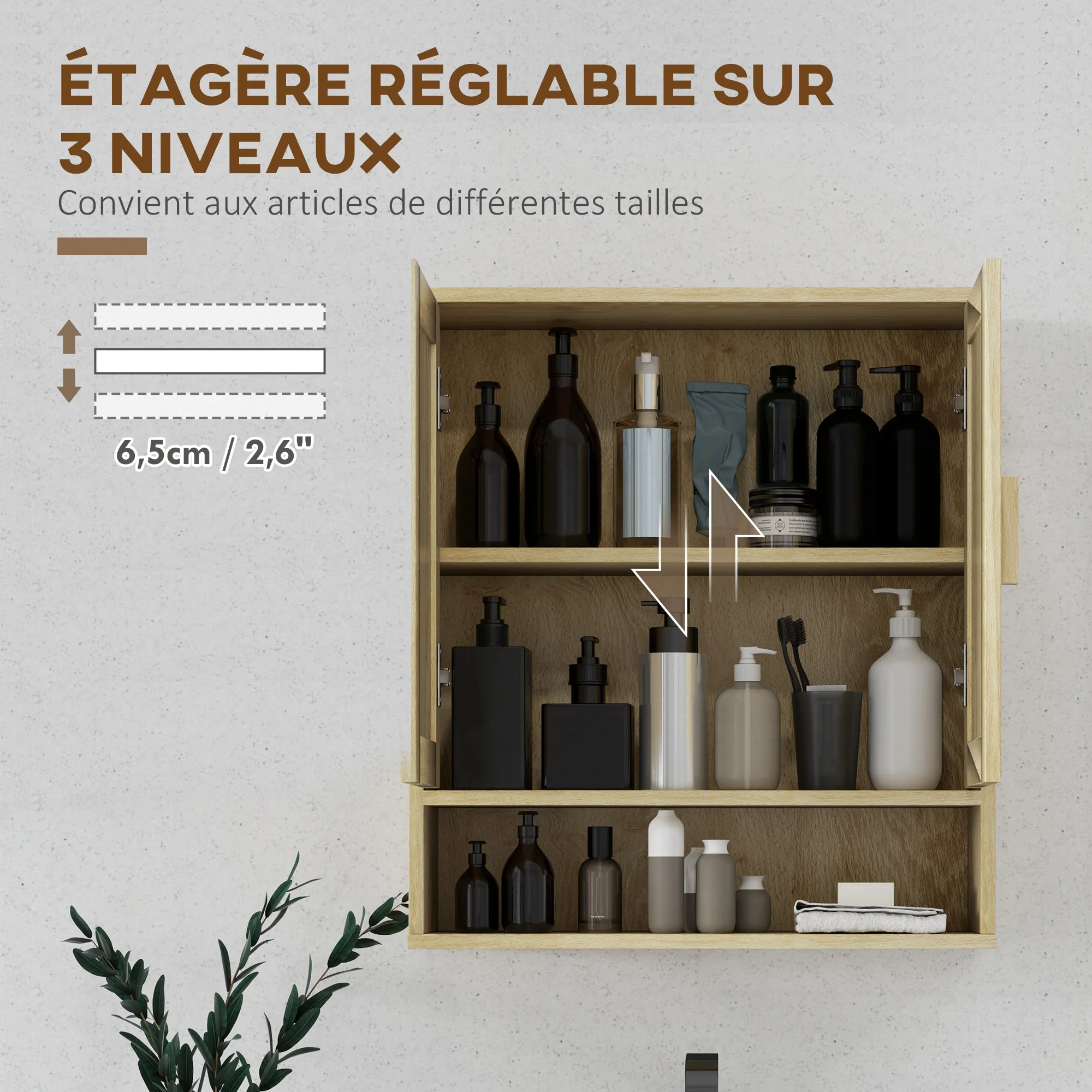 Meuble mural salle de bain, meuble wc suspendu, avec étagère réglable, double porte et étagère ouverte, 59 x 20 x 66,5 cm, effet bois de chêne - Image 7