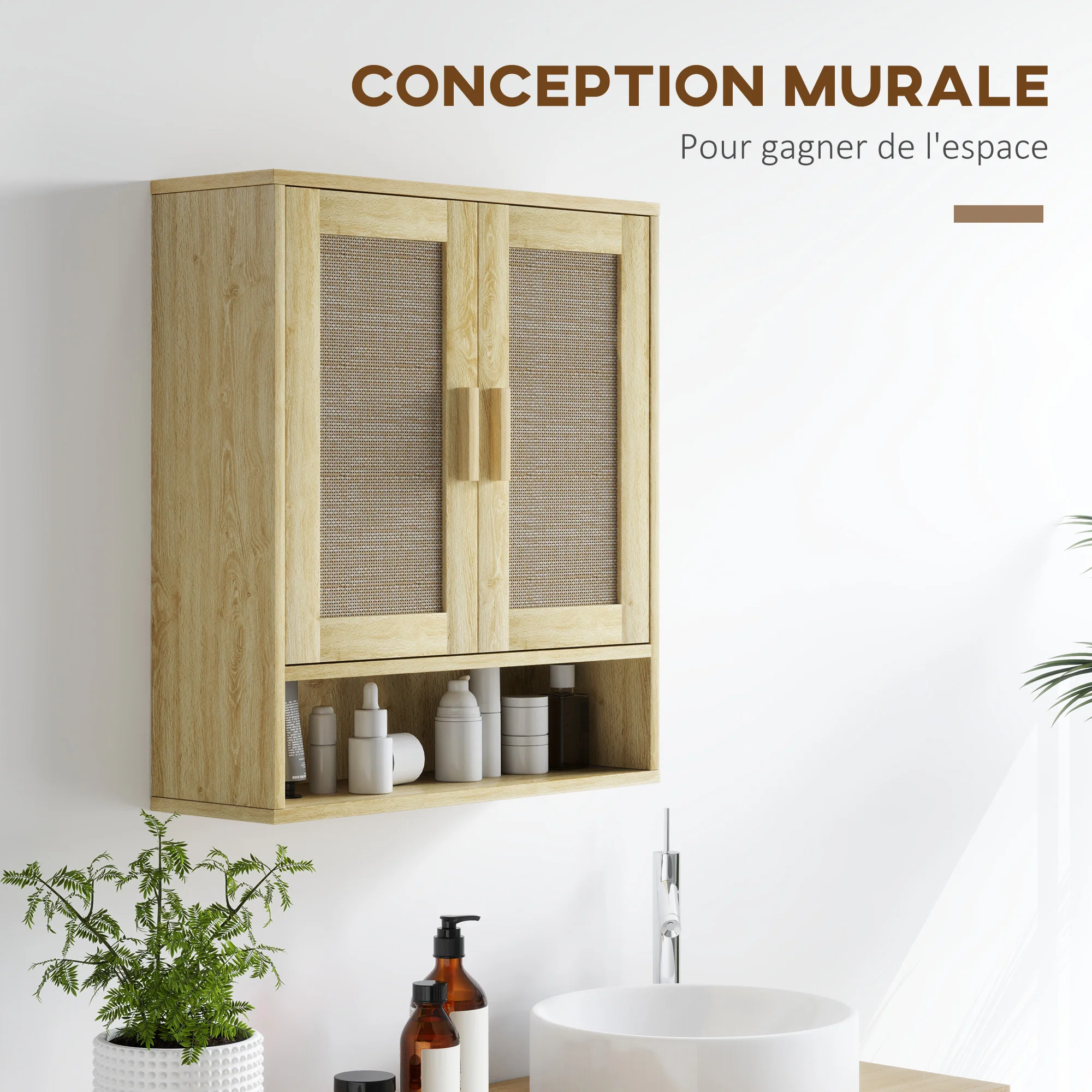 Meuble mural salle de bain, meuble wc suspendu, avec étagère réglable, double porte et étagère ouverte, 59 x 20 x 66,5 cm, effet bois de chêne - Image 8