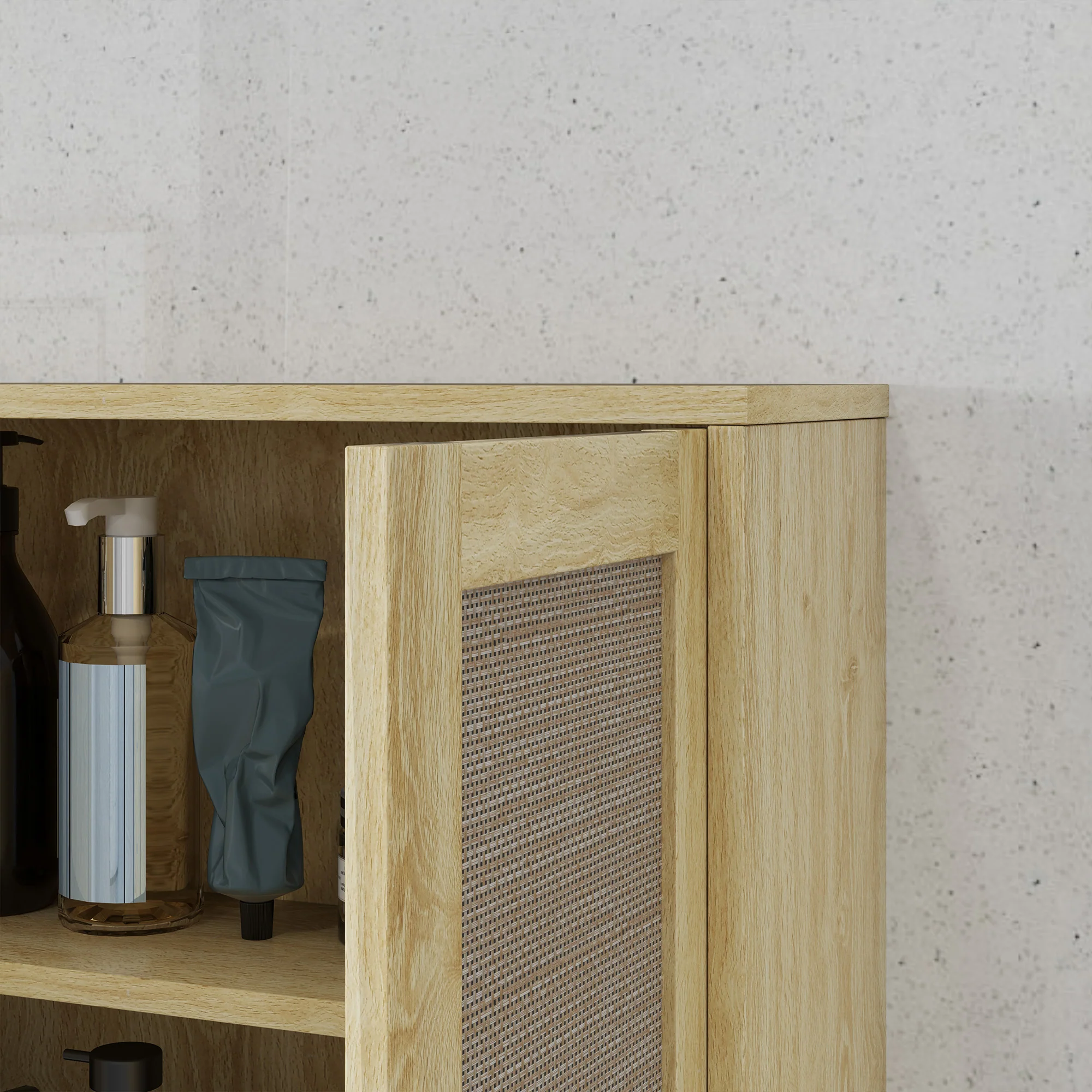 Meuble mural salle de bain, meuble wc suspendu, avec étagère réglable, double porte et étagère ouverte, 59 x 20 x 66,5 cm, effet bois de chêne - Image 9