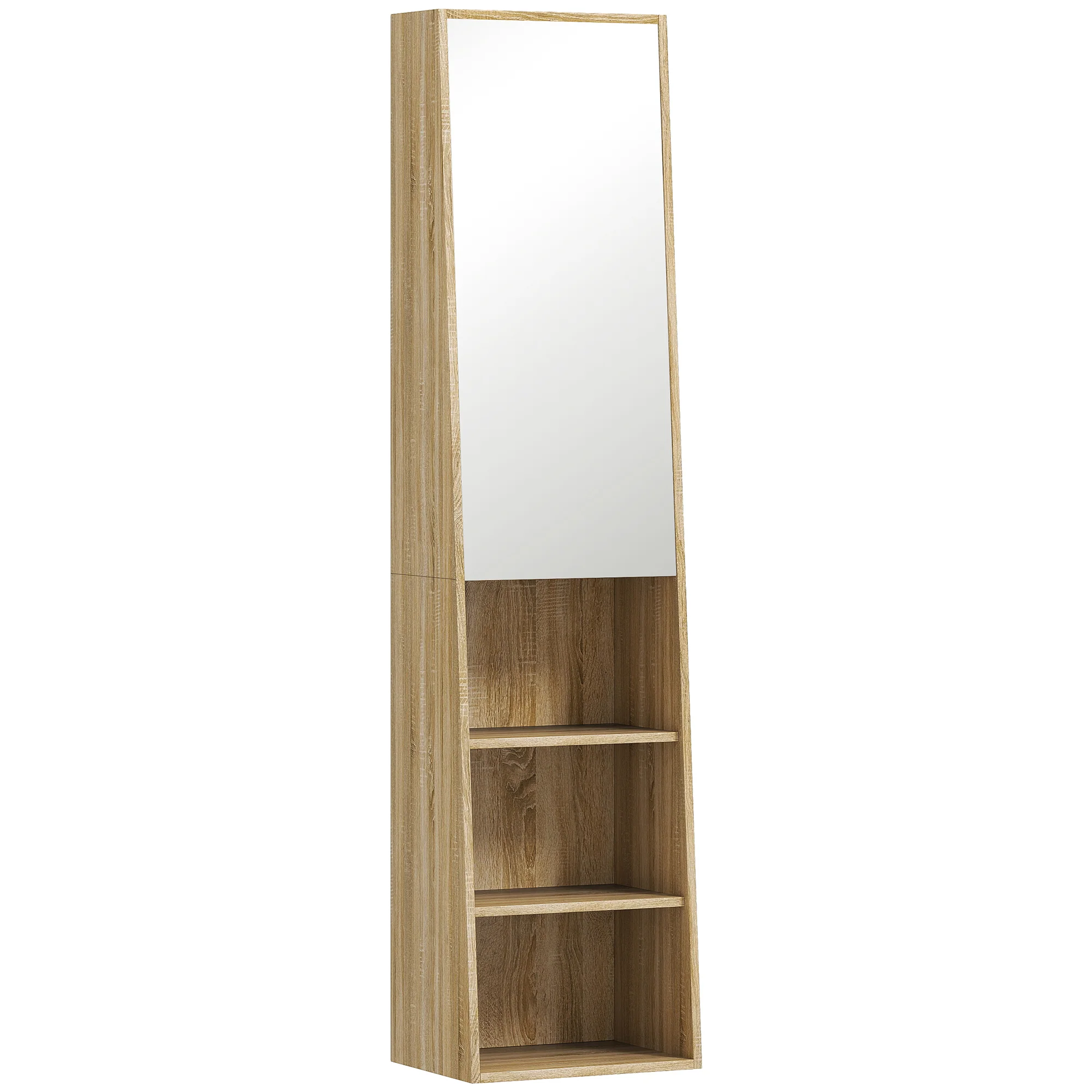 Meuble salle de bain colonne meuble de rangement trapézoïdal mince avec porte en miroir, étagère à 6 niveaux, armoire salle de bain pour petits espaces, 40 x 30 x 165 cm, bois naturel - Image 2