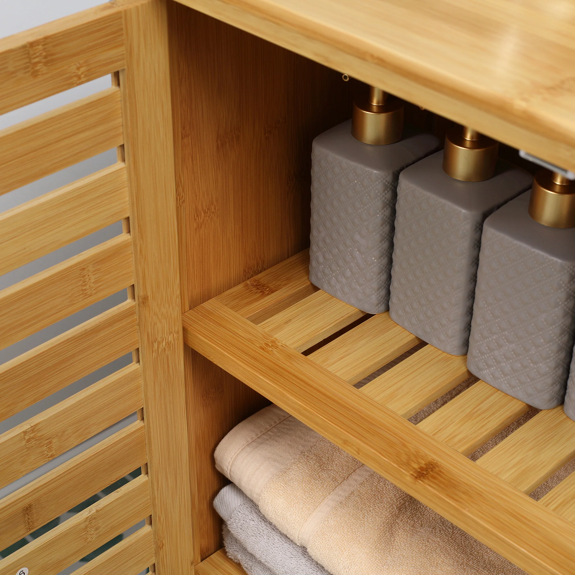Meuble salle de bain en bambou, armoire salle de bain 3 niveaux avec double porte à lattes, meuble de rangement pour salon, chambre, toilette, 68 x 32 x 86 cm, naturel - Image 10