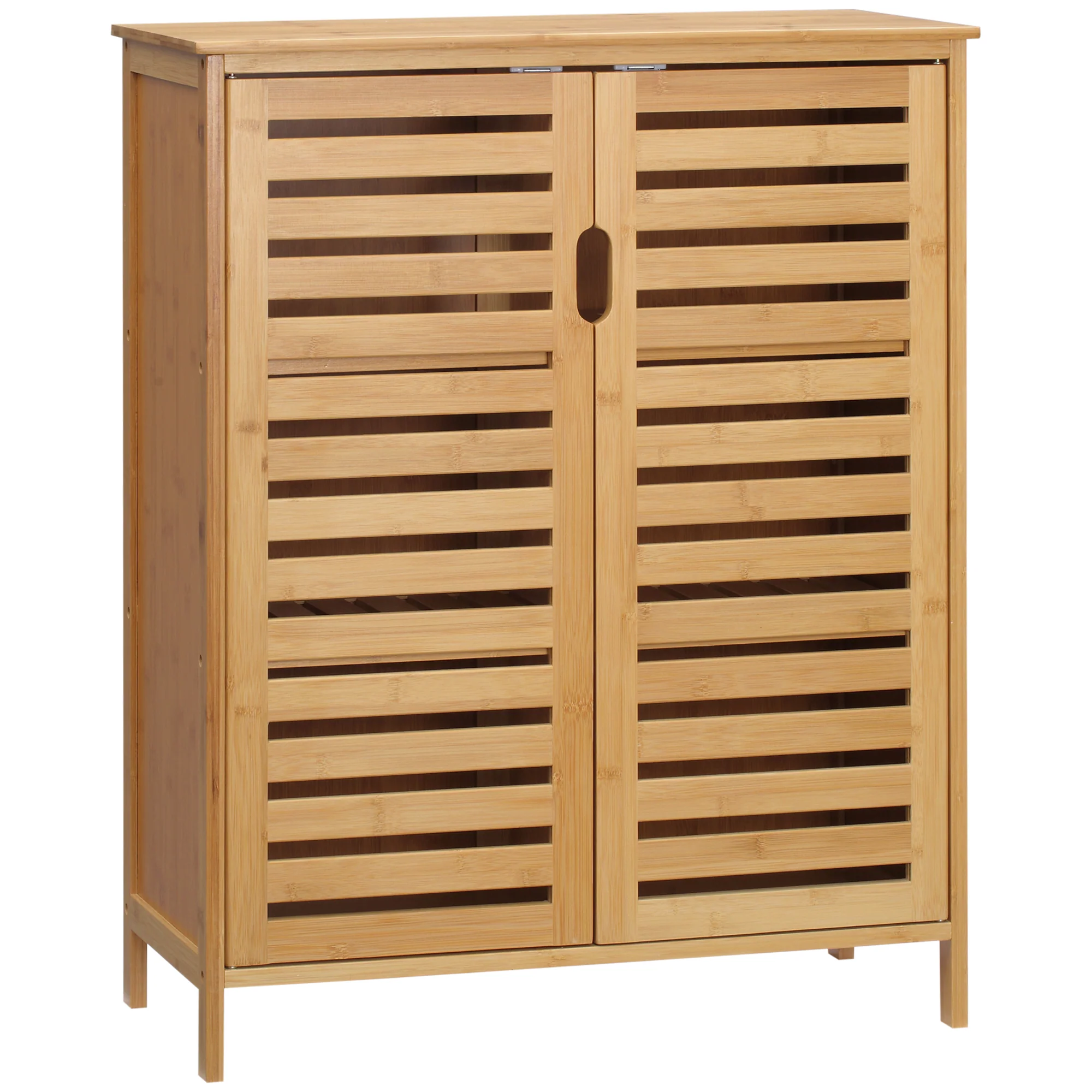 Meuble salle de bain en bambou, armoire salle de bain 3 niveaux avec double porte à lattes, meuble de rangement pour salon, chambre, toilette, 68 x 32 x 86 cm, naturel - Image 2