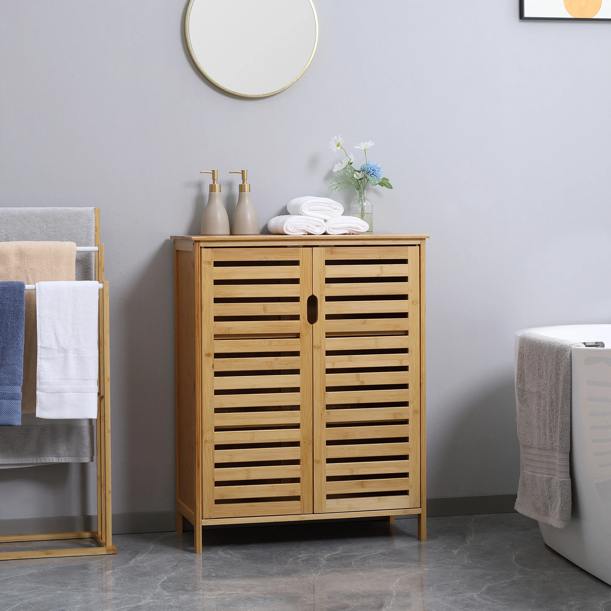 Meuble salle de bain en bambou, armoire salle de bain 3 niveaux avec double porte à lattes, meuble de rangement pour salon, chambre, toilette, 68 x 32 x 86 cm, naturel - Image 3