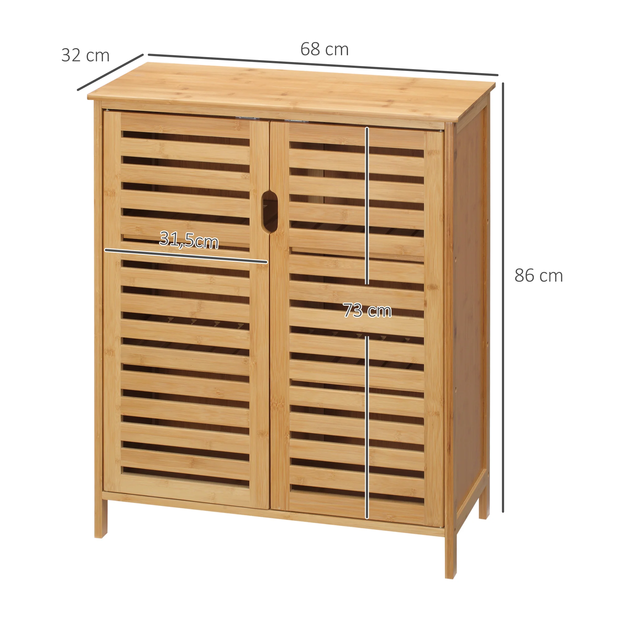 Meuble salle de bain en bambou, armoire salle de bain 3 niveaux avec double porte à lattes, meuble de rangement pour salon, chambre, toilette, 68 x 32 x 86 cm, naturel - Image 4