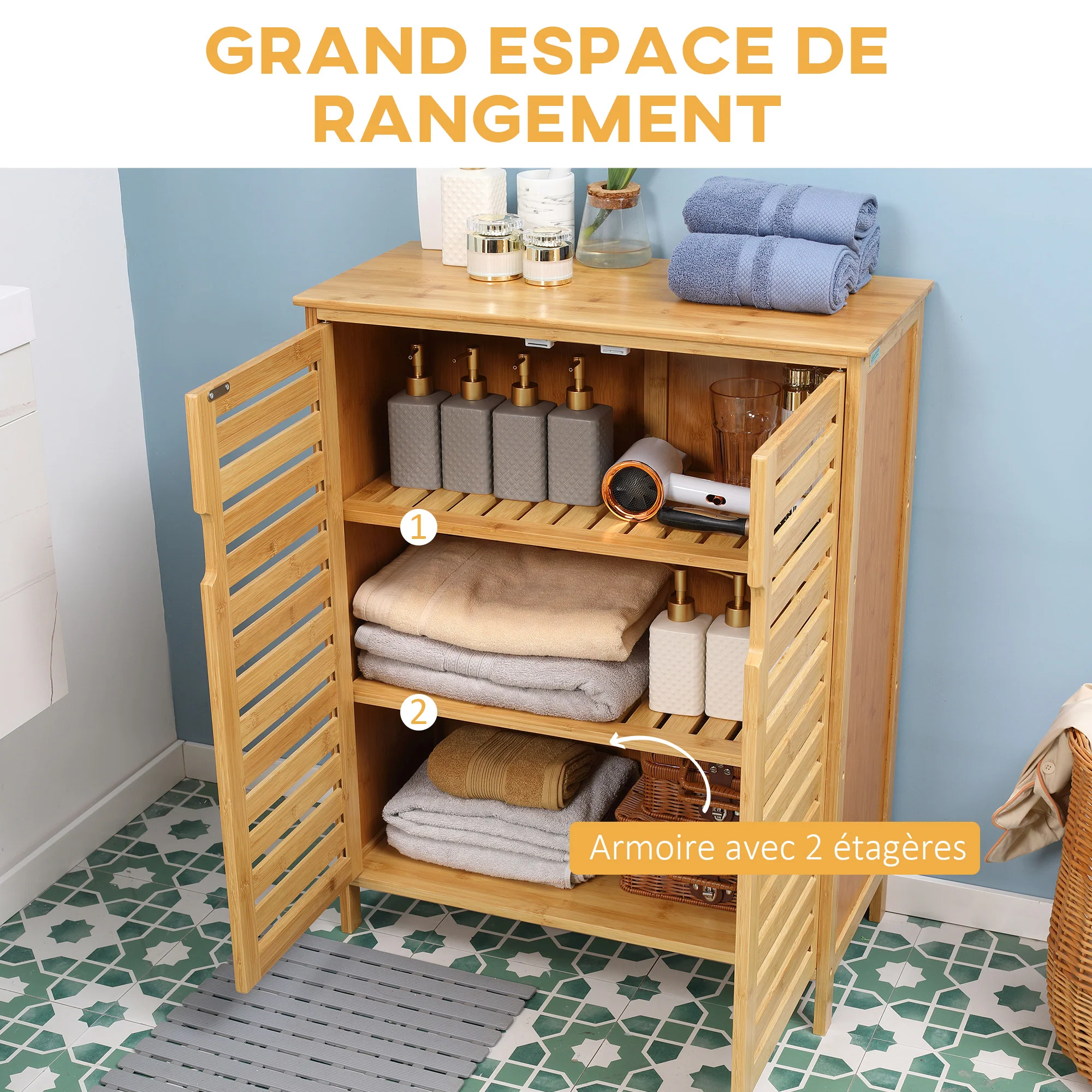 Meuble salle de bain en bambou, armoire salle de bain 3 niveaux avec double porte à lattes, meuble de rangement pour salon, chambre, toilette, 68 x 32 x 86 cm, naturel - Image 5