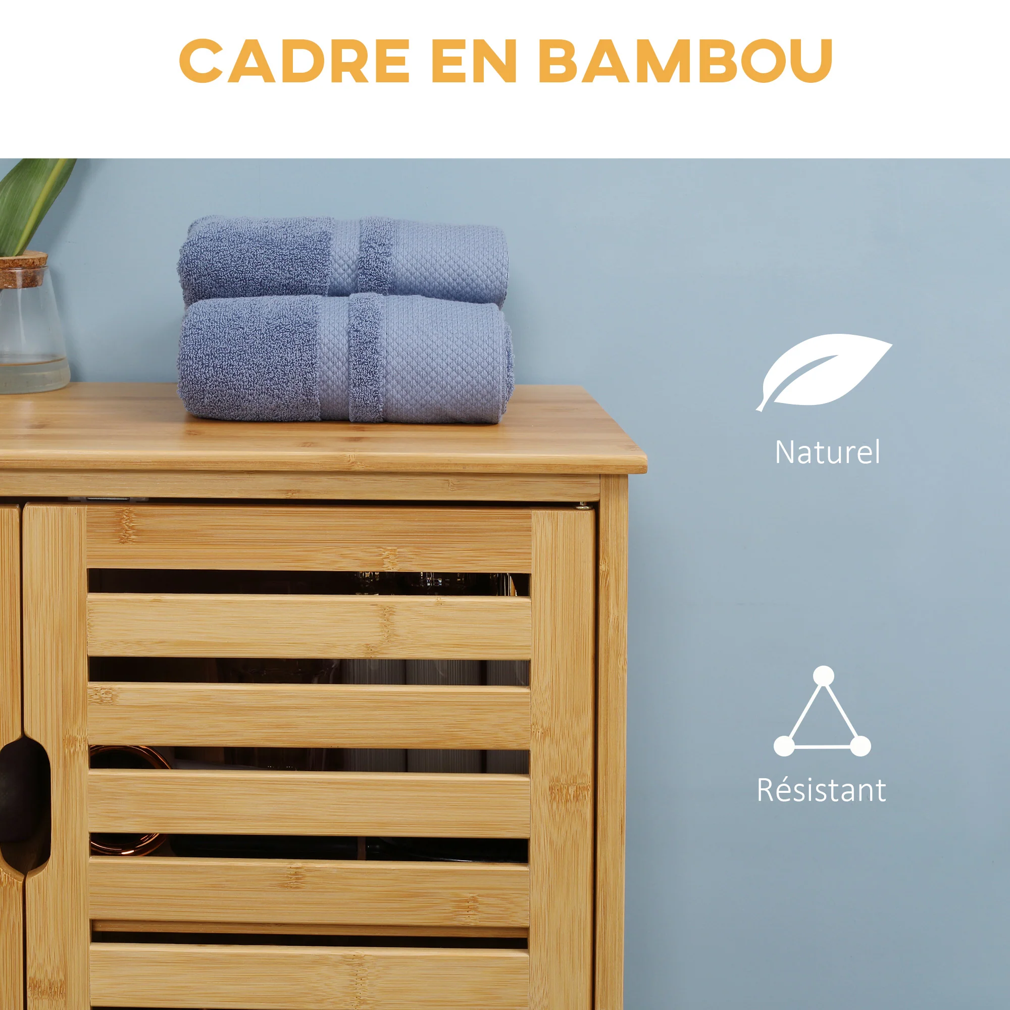 Meuble salle de bain en bambou, armoire salle de bain 3 niveaux avec double porte à lattes, meuble de rangement pour salon, chambre, toilette, 68 x 32 x 86 cm, naturel - Image 6