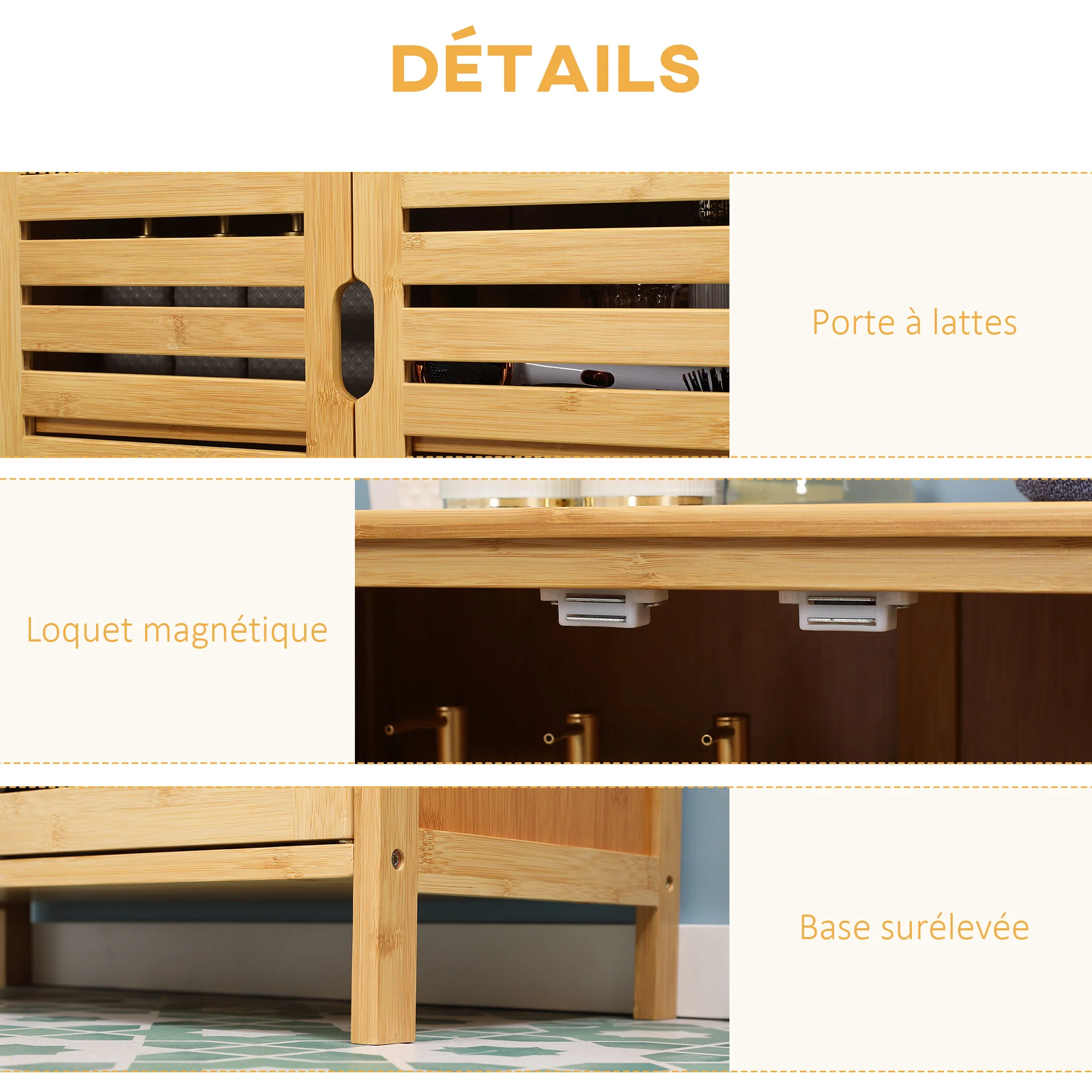 Meuble salle de bain en bambou, armoire salle de bain 3 niveaux avec double porte à lattes, meuble de rangement pour salon, chambre, toilette, 68 x 32 x 86 cm, naturel - Image 7