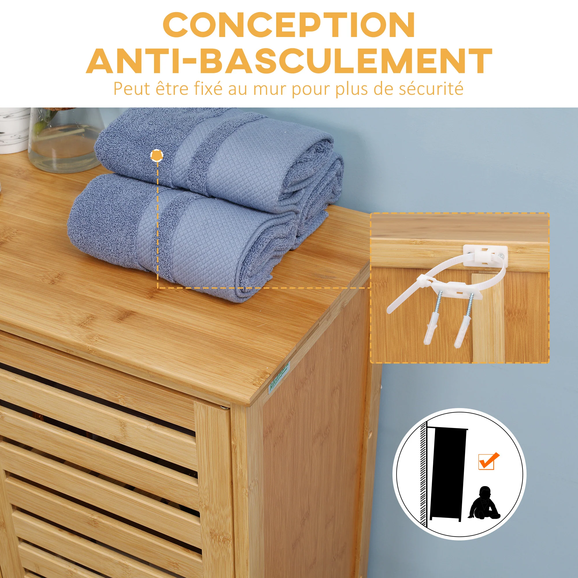 Meuble salle de bain en bambou, armoire salle de bain 3 niveaux avec double porte à lattes, meuble de rangement pour salon, chambre, toilette, 68 x 32 x 86 cm, naturel - Image 8