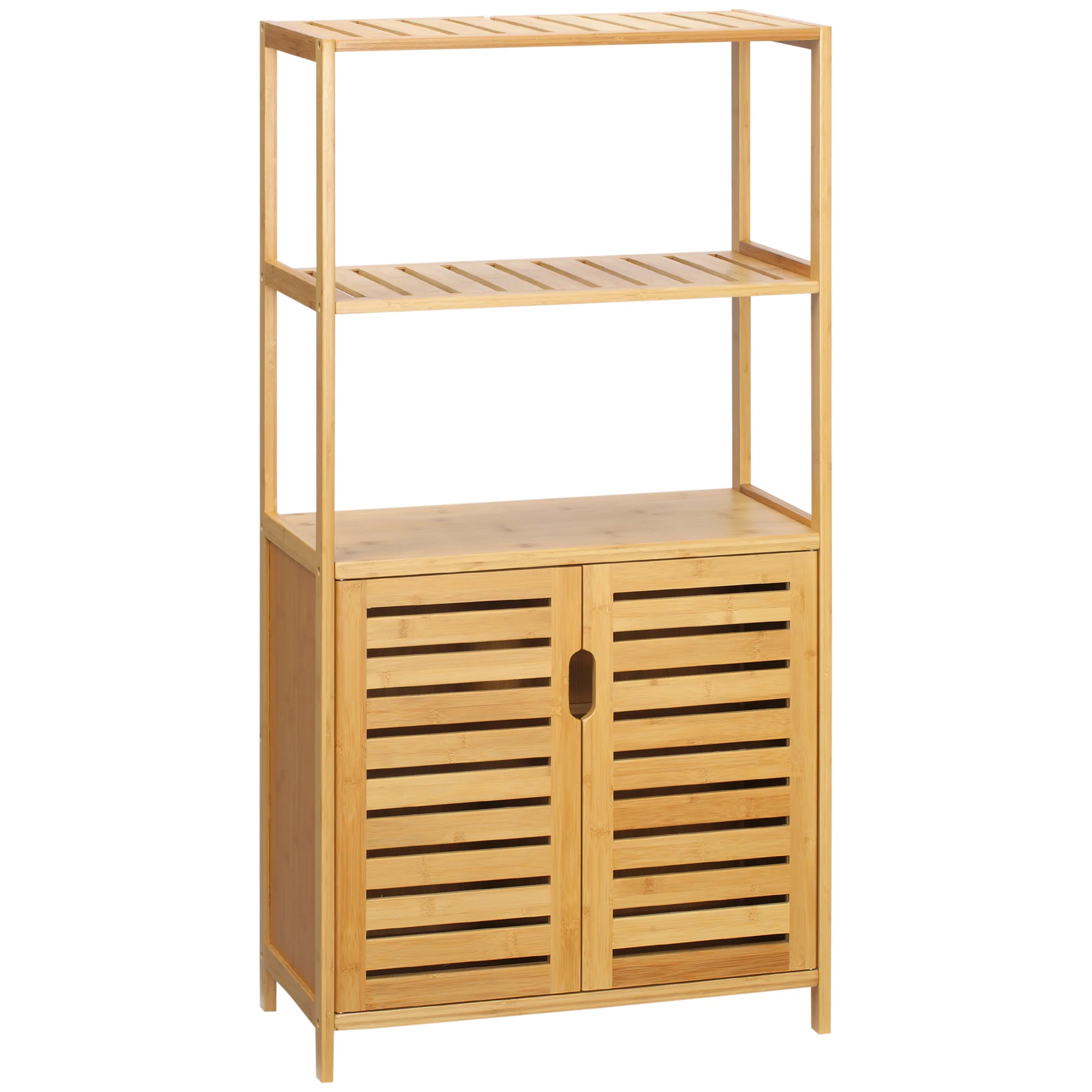 Meuble salle de bain en bambou, armoire salle de bain sur pied avec 2 étagères ouvertes et double porte à lattes, meuble de rangement pour salon, chambre, toilette, 60 x 30 x 120 cm, naturel - Image 11