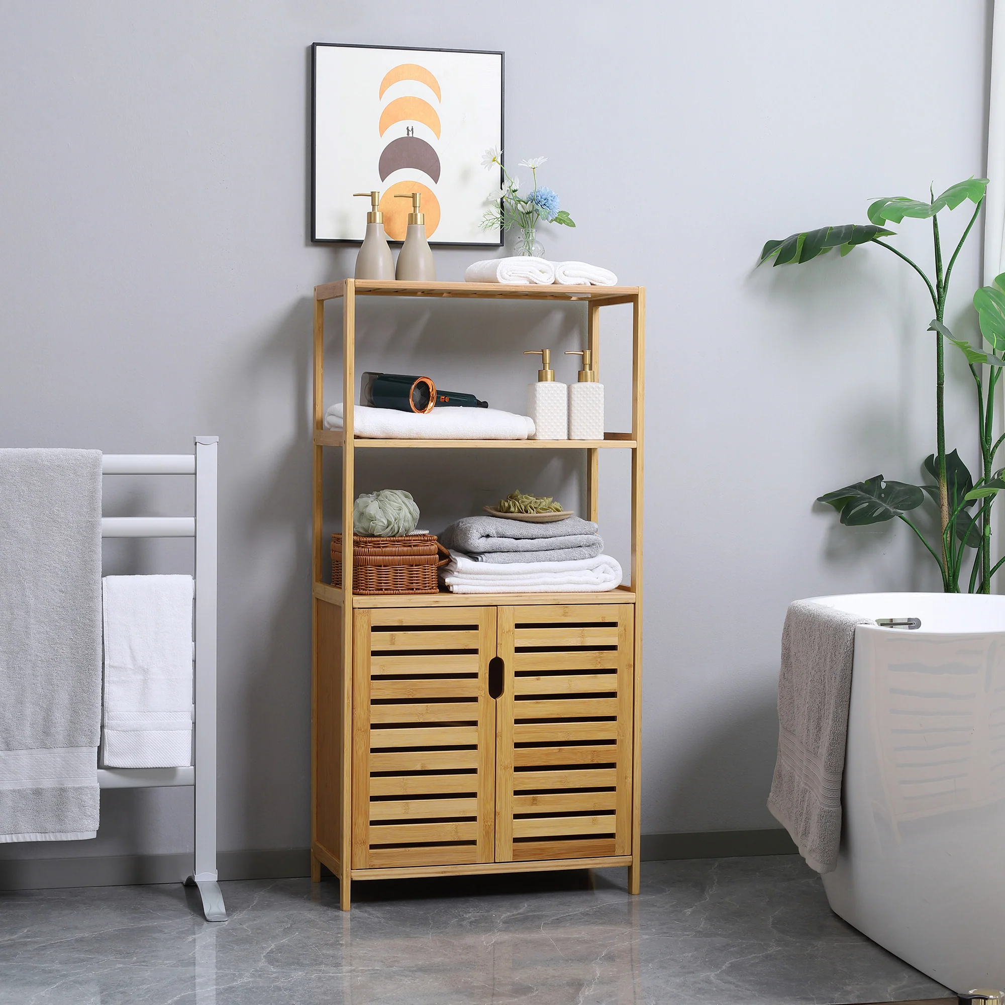 Meuble salle de bain en bambou, armoire salle de bain sur pied avec 2 étagères ouvertes et double porte à lattes, meuble de rangement pour salon, chambre, toilette, 60 x 30 x 120 cm, naturel - Image 3