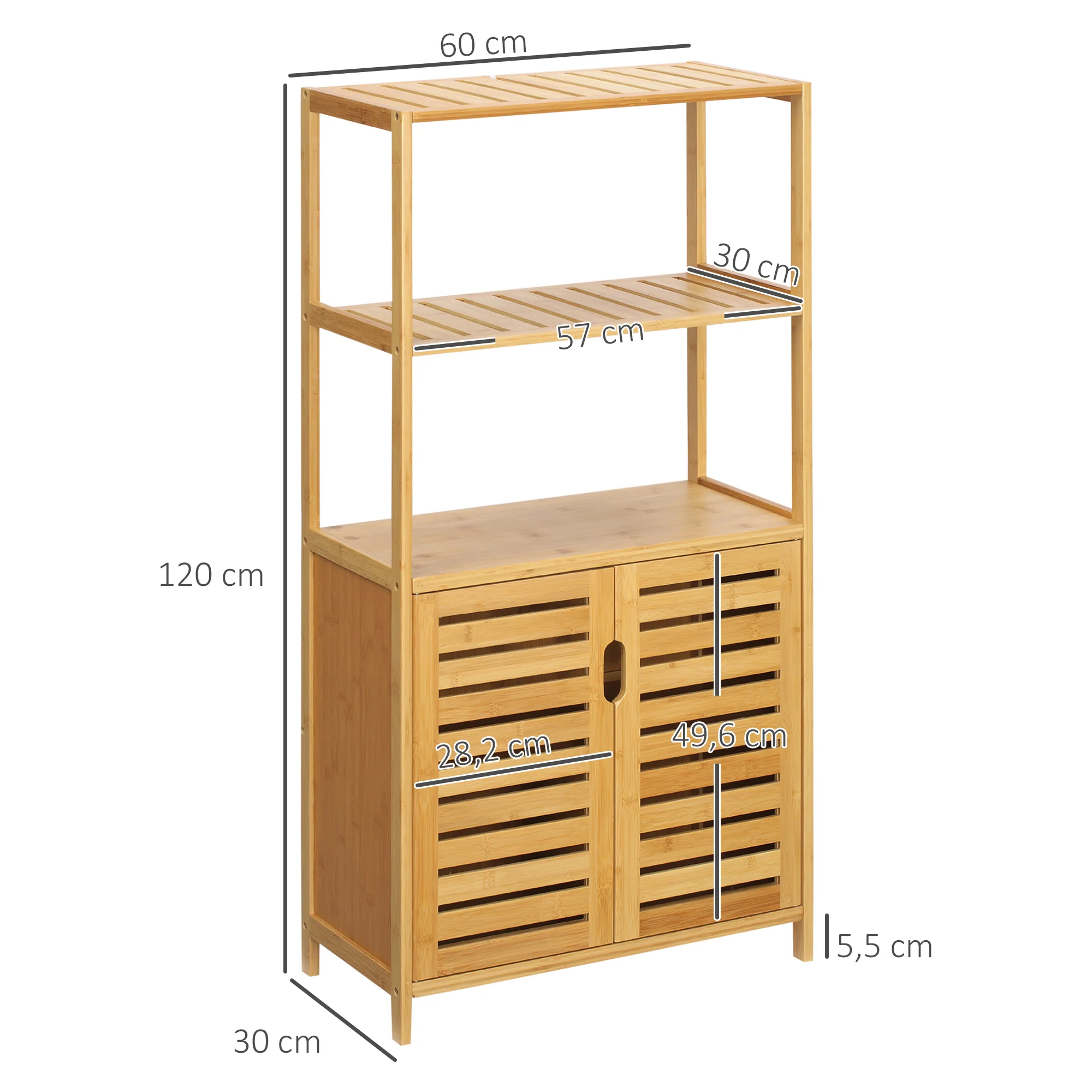 Meuble salle de bain en bambou, armoire salle de bain sur pied avec 2 étagères ouvertes et double porte à lattes, meuble de rangement pour salon, chambre, toilette, 60 x 30 x 120 cm, naturel - Image 4